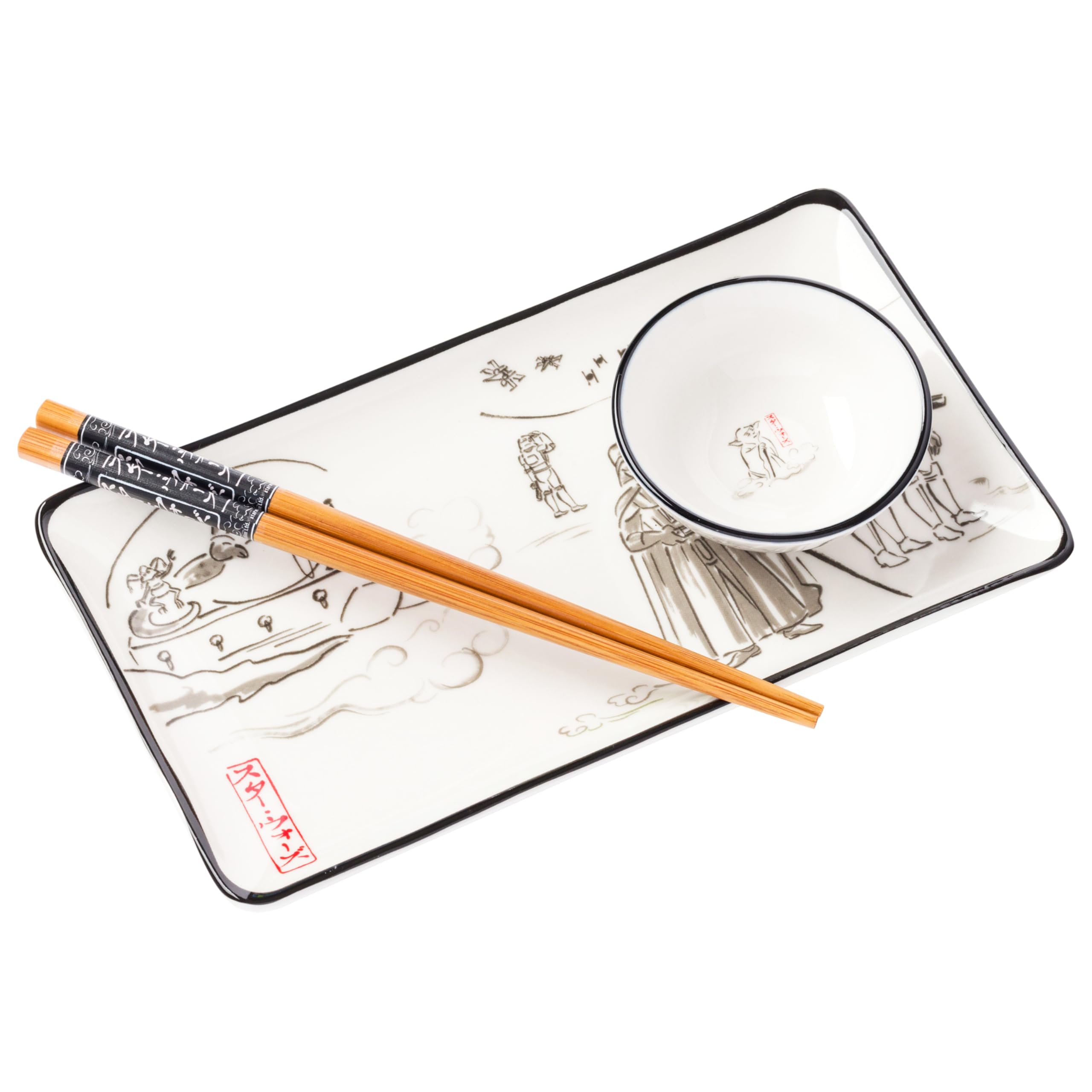 Silver Buffalo Star Wars Watercolor Japanese Art Featuring Jabba the Hutt, Darth Vader, Stormtroopers Ceramic Sushi Set with Dipping Sauce Dish and Matching Chopsticks