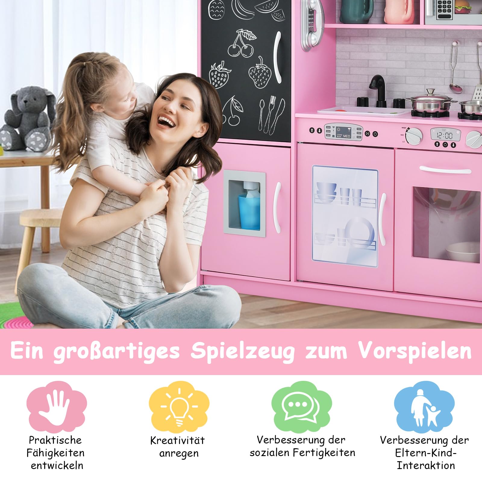 GOPLUS Kinderküche aus Holz, Kinderspielküche mit Mikrowellen, Backofen, Wasserbecken, Kreidetafel & Eismaschine, Stabiler Spielküche mit Spielzubehör, für Kinder 3-6 Jahre (Rosa)