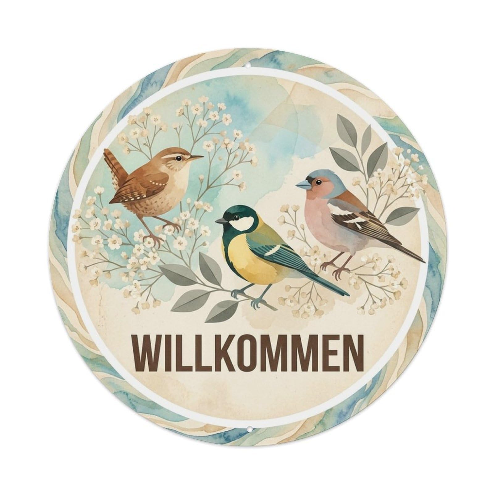 Watercolor Bird Slogan Willkommen Baby Breath Metal Tin Sign