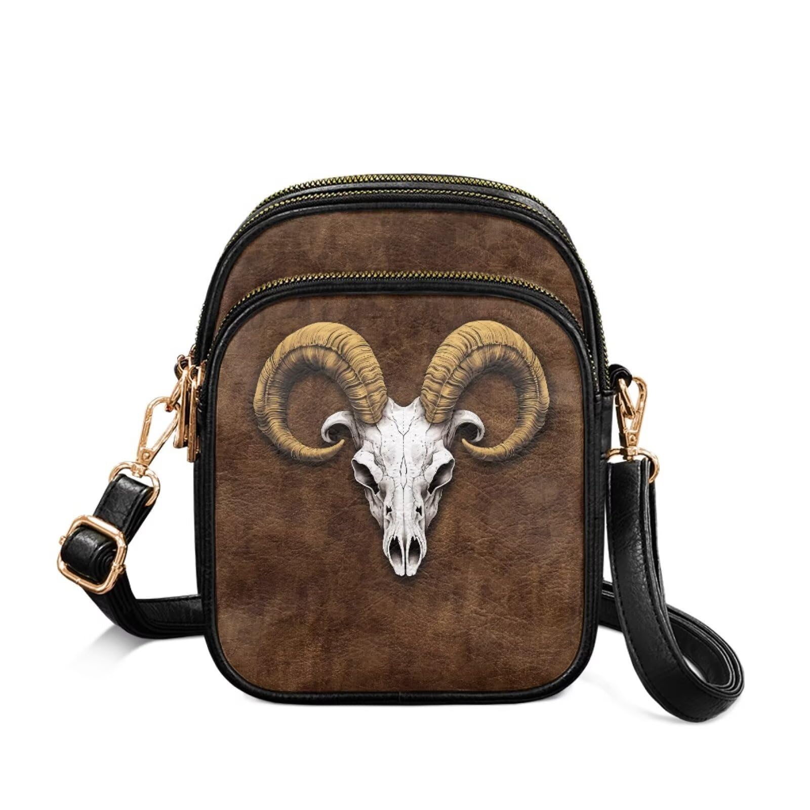 Ram Skull Crossbody torby na ramię dla kobiet małe stylowe torby na telefon komórkowy trójwarstwowa torba crossbody brązowa torebka na ramię z regulowanym paskiem do podróży