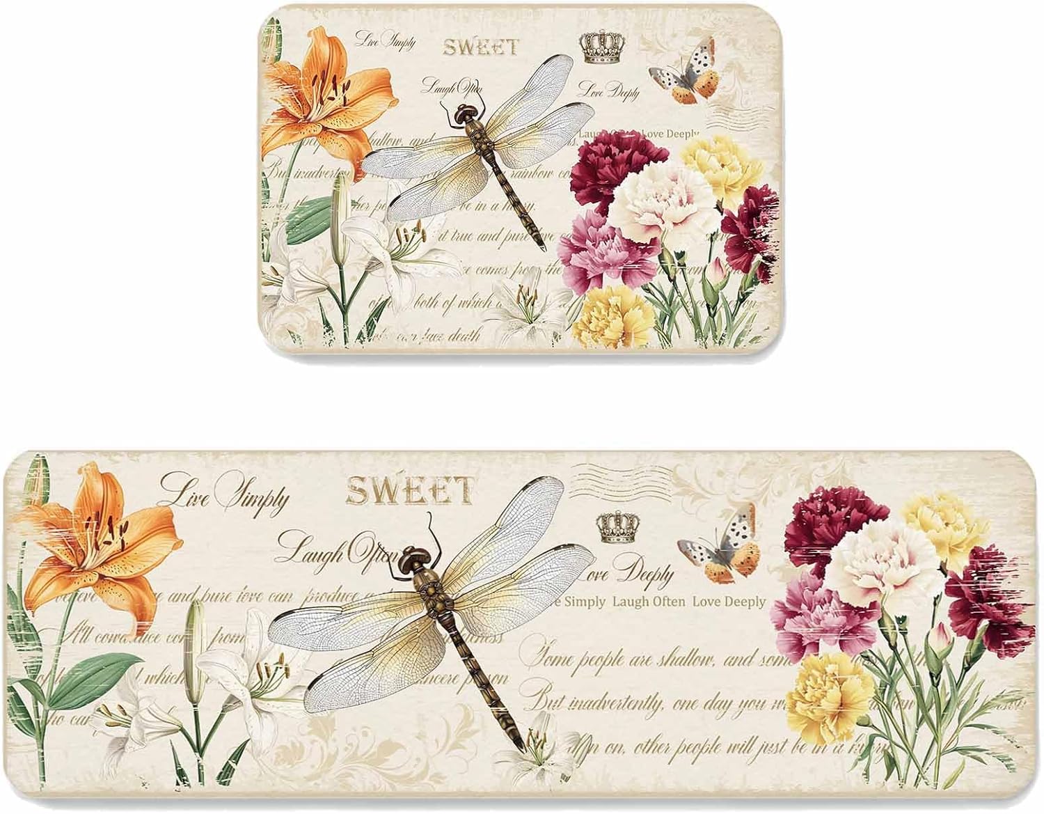 Spring Floral Kitchen Mats Set of 2 Watercolor Flowers Retro Dragonfly Letter Print Non Slip Mat Washable Floor Rug for Kitchen Sink Floor Laundry, 19.7"x31.5"+19.7"x47.2"