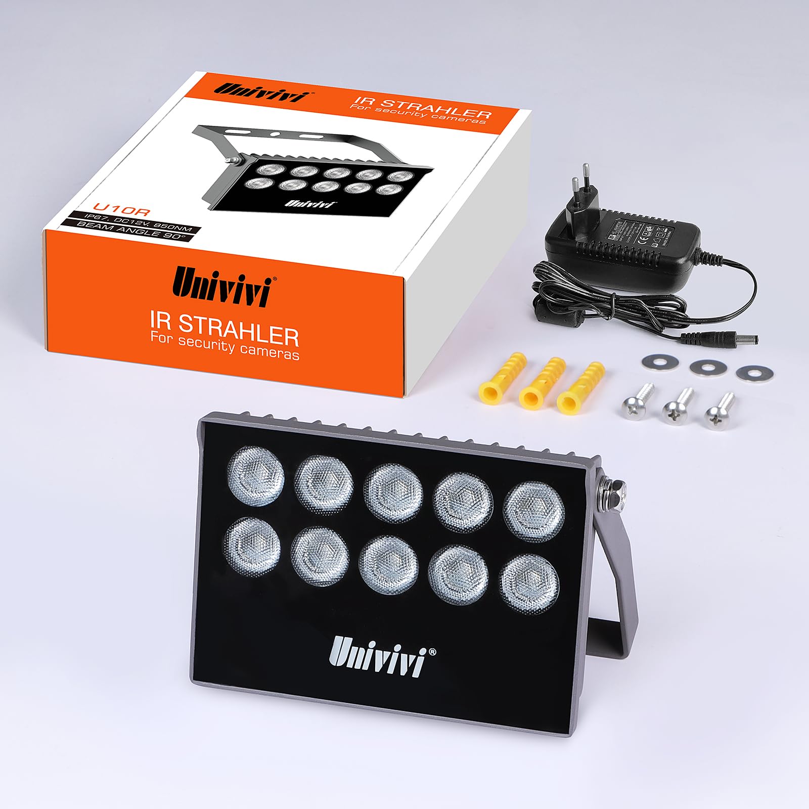 Univivi IR Strahler, 850nm Weitwinkel-IR Scheinwerfer für Nachtsicht, IP67 Wasserfest 10 LEDs nfrarot Licht mit 12V DC-Netzteil für IP-Kamera, CCTV-Überwachungskamera für Innen-und Außenbereich