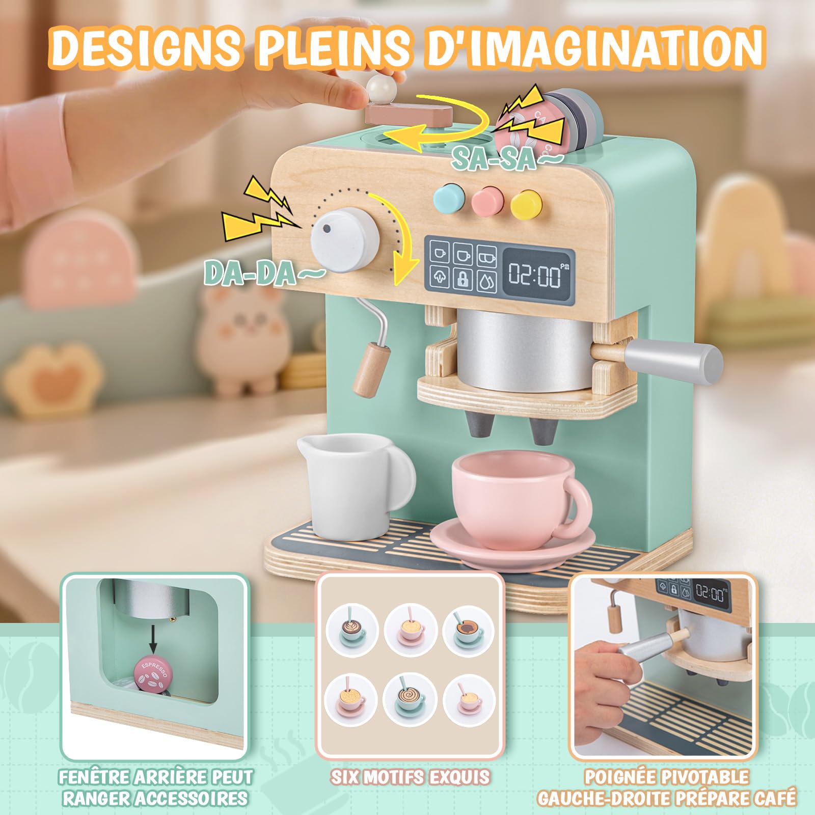 YOOHBERRYS Cafetière en Bois, 22 Pièces Machine à Café en Bois pour Enfants, Jouets de Jeu de Rôle Barista avec Moulin, Accessoire Jeux de Cuisine Service à Café Enfant 3+ Ans