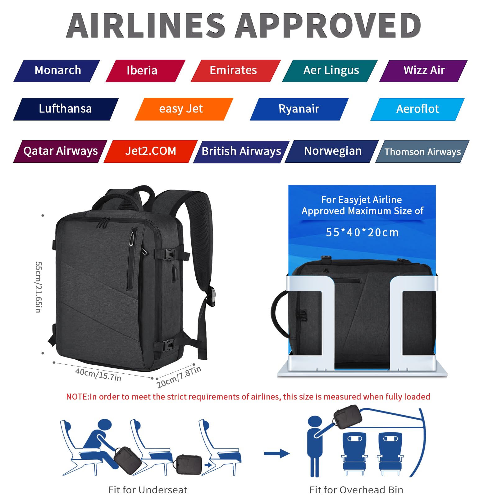 Leyrica Zaino da Viaggio 55x40x20 Bagaglio a Mano Unisex Borse da Cabina Zaino per Laptop Daypack Casual Zaino Lavoro Impermeabile (Grigio)