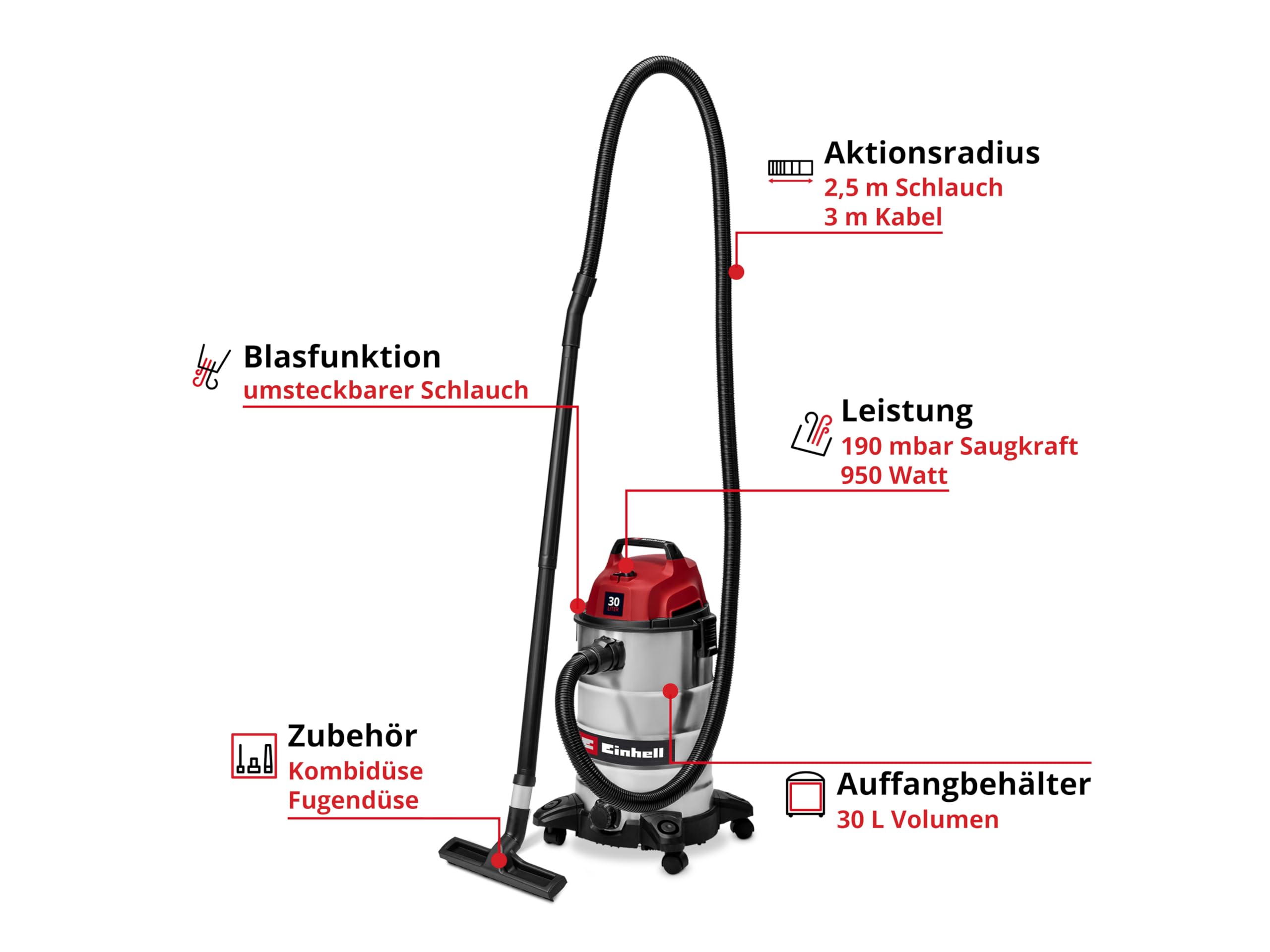 Einhell TC-VC 3055 S odkurzacz na sucho i na mokro (950 W, moc ssania 190 mbar, zbiornik ze stali nierdzewnej 20 l, rolki, uchwyt na akcesoria, w tym różne filtry i dysze)