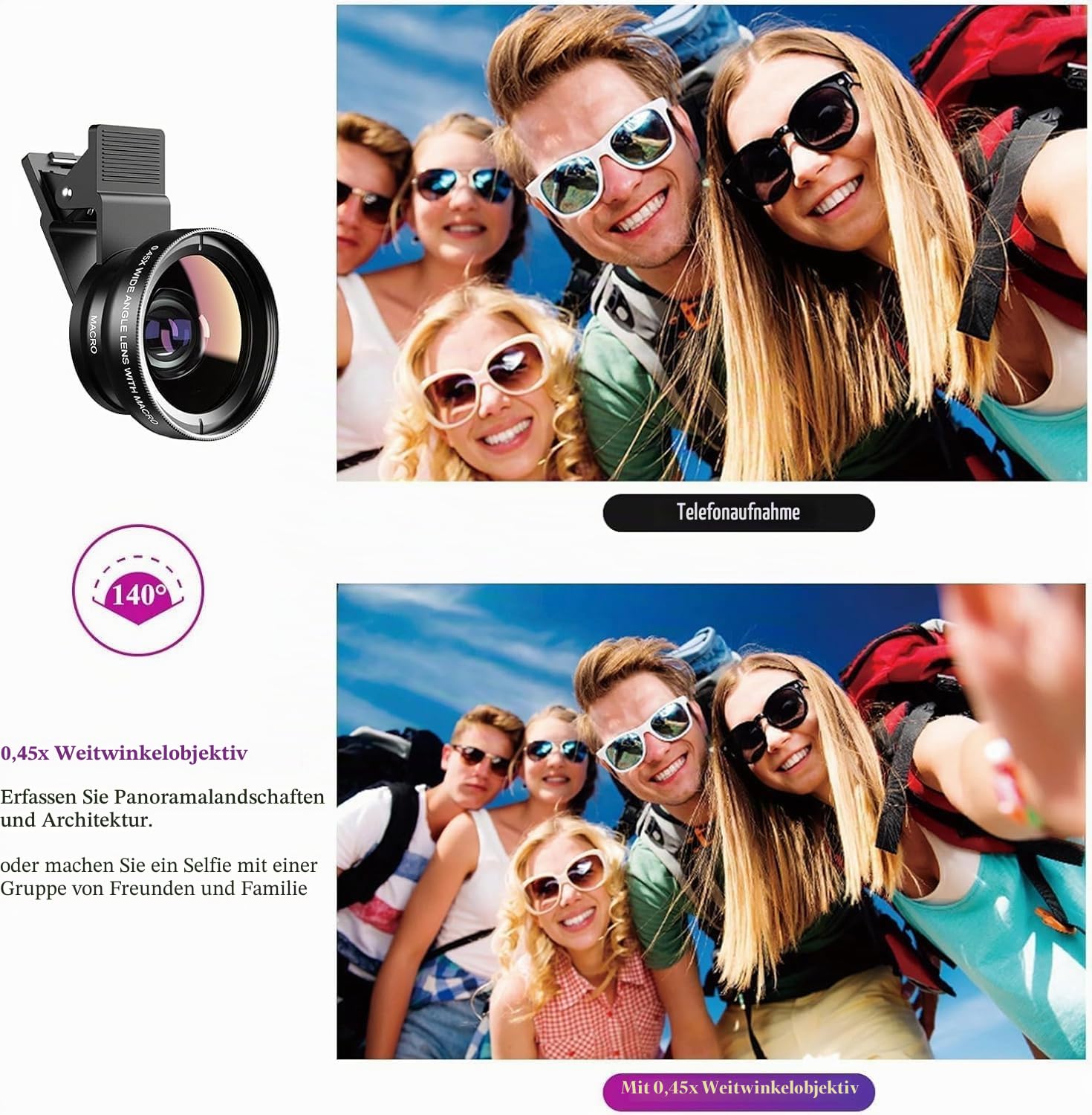 2-in-1 Universal Handy Kamera objektiv, Handy objektiv Set, 12,5X Macro Lens, 0,45X Weitwinkel, Makroobjektiv für die meisten Smartphones