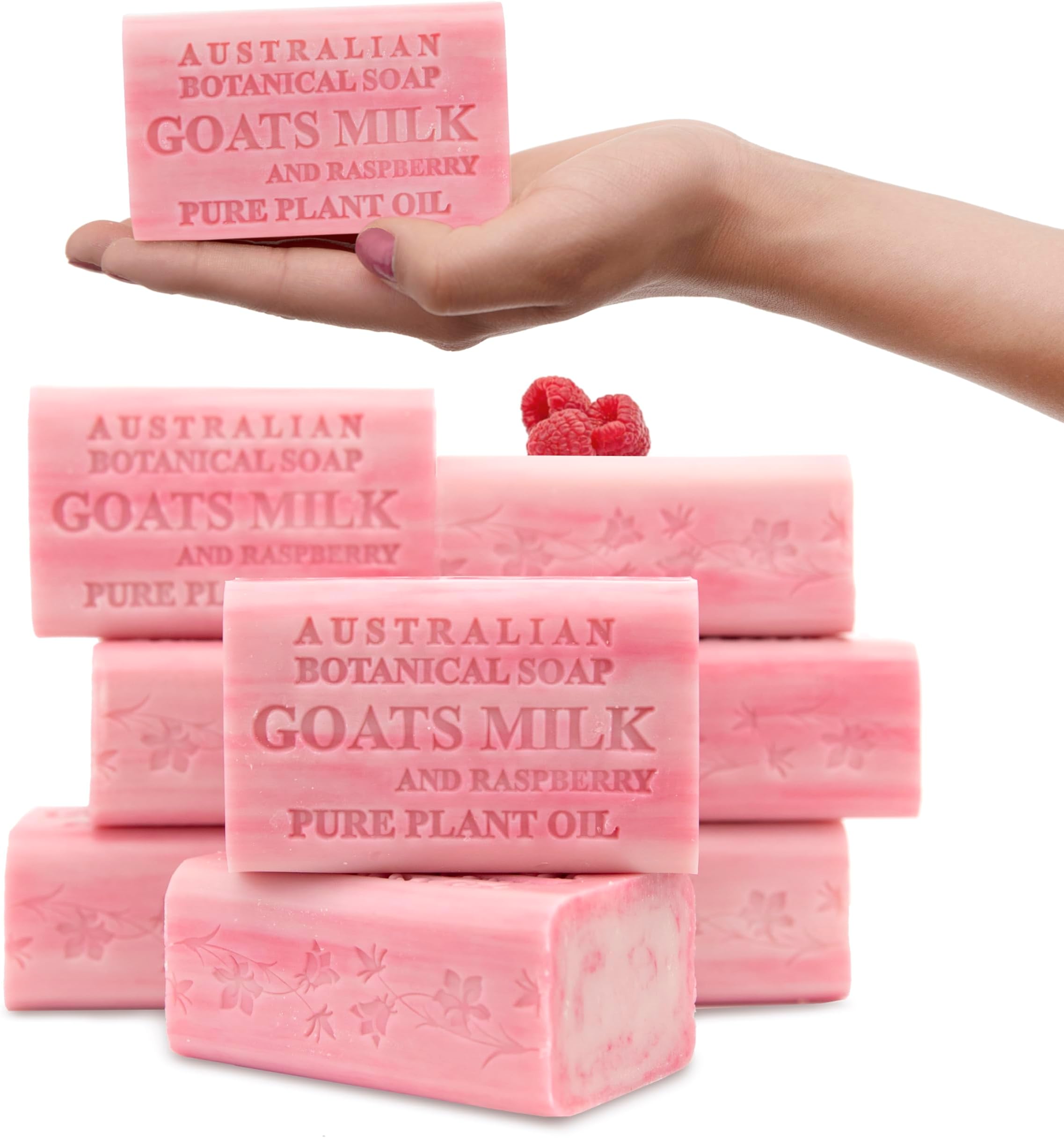 Australian Botanical Goats Milk Soap and Raspberry, 6.6 OZ, Triple Milled Bars made with a Natural Soap Base and Enriched with Organic African Shea Butter, Pack of 8