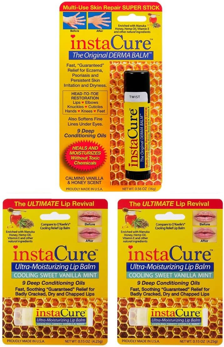The Original Derma Balm. 100% Natural Multi-Use Skin Revival Jumbo-Sized Tube with Manuka Honey. Plus InstaCure Savory Cooling Sweet Vanilla Mint Advanced Formula Lip Repair Value 2-Pack