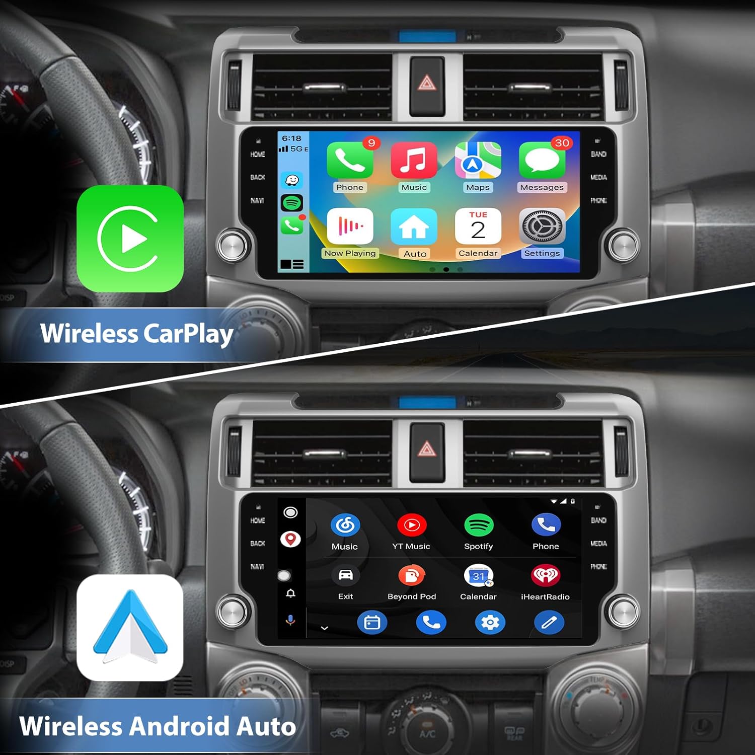 Screenshots of Wireless CarPlay and Wireless Android Auto interfaces on the Junsun head unit
