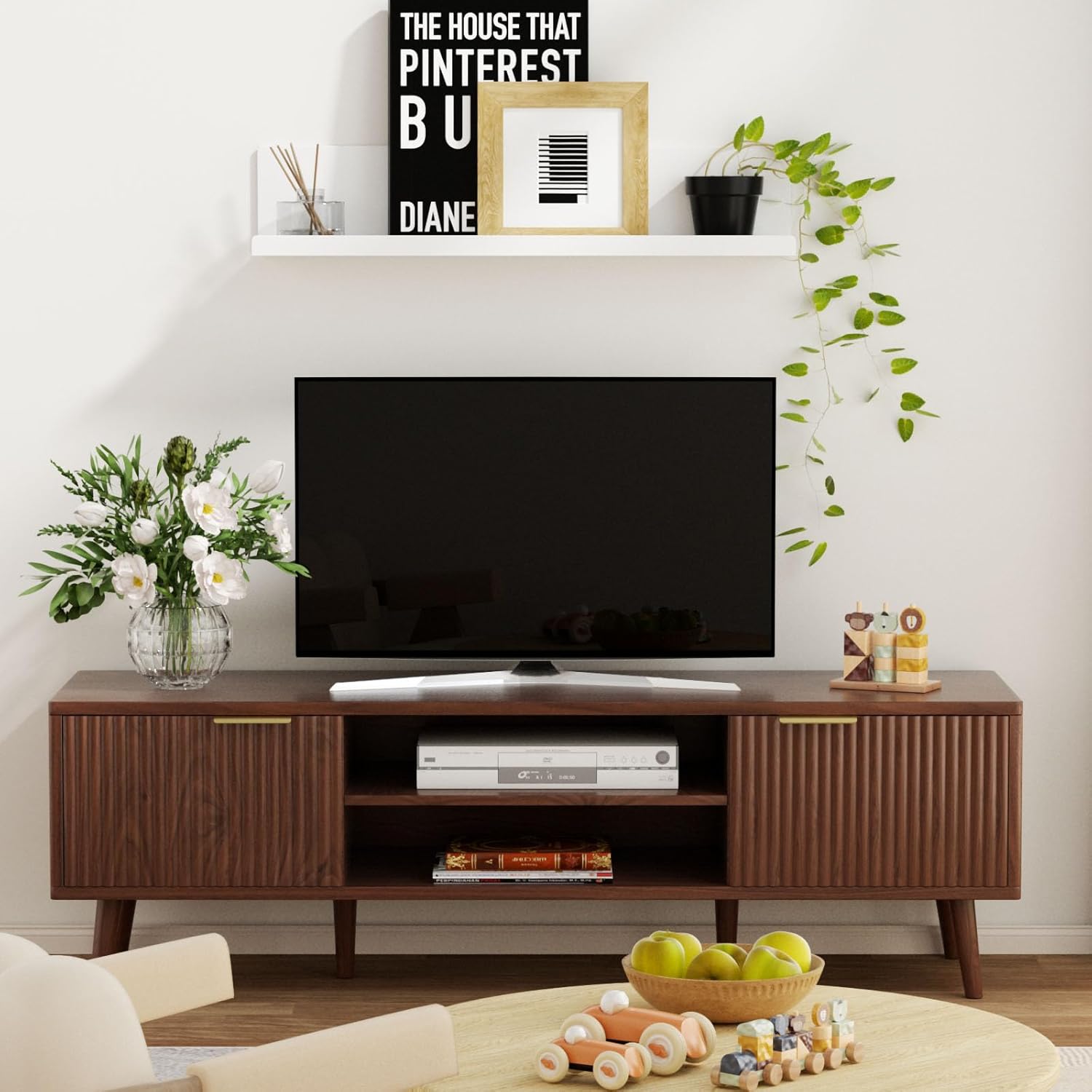 SHGJ&SOFT TV Stand for 60/65 Inch,Mid Century Modern Boho Entertainment Center with 2 Cabinets and Open Shelves,Wood Console for Living Room and Bedroom. (Brown, 1PC) - Image 6