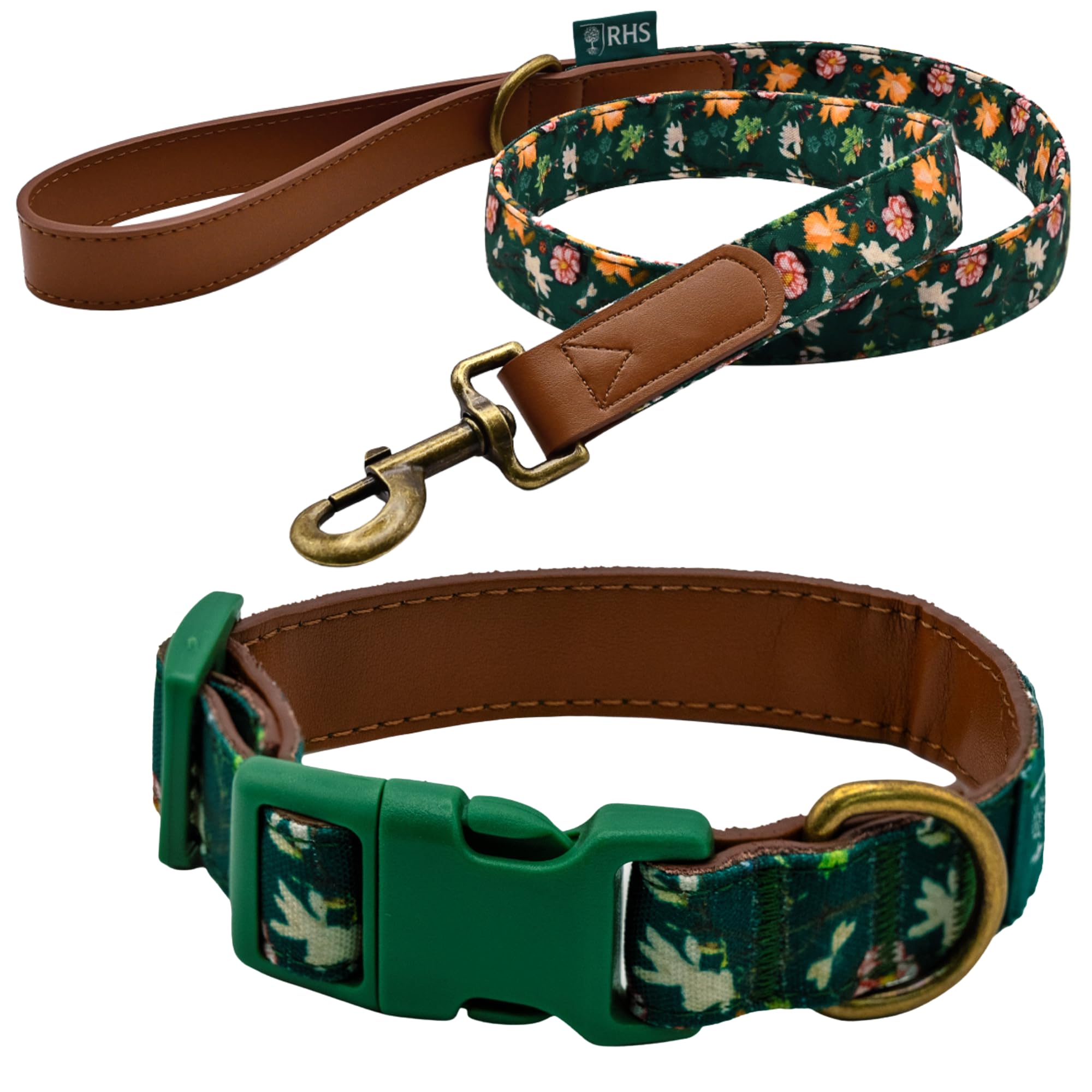 RHS Dog Collar & Lead Set Medium, Stylish Botanical Design, Polycanvas Adjustable Collar (30-55cm) & 1M Matching Leash with Soft Touch Leather Handle, Walking Set for Medium Breeds