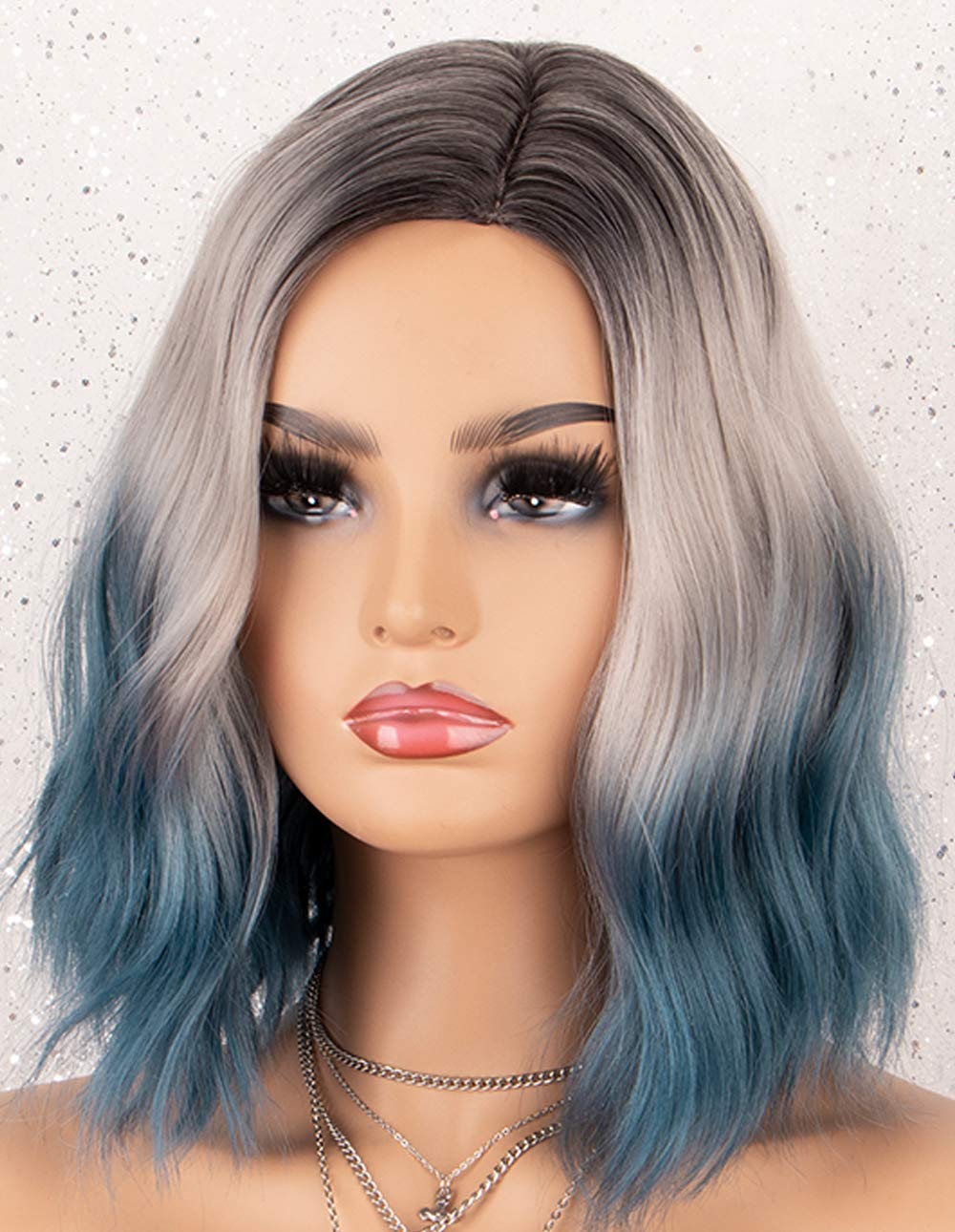 K'ryssma Blue Ombre Bob Wig with Dark Root 3 Tone Short Wavy Synthetic Wigs Glueless Heat Resistant Hair