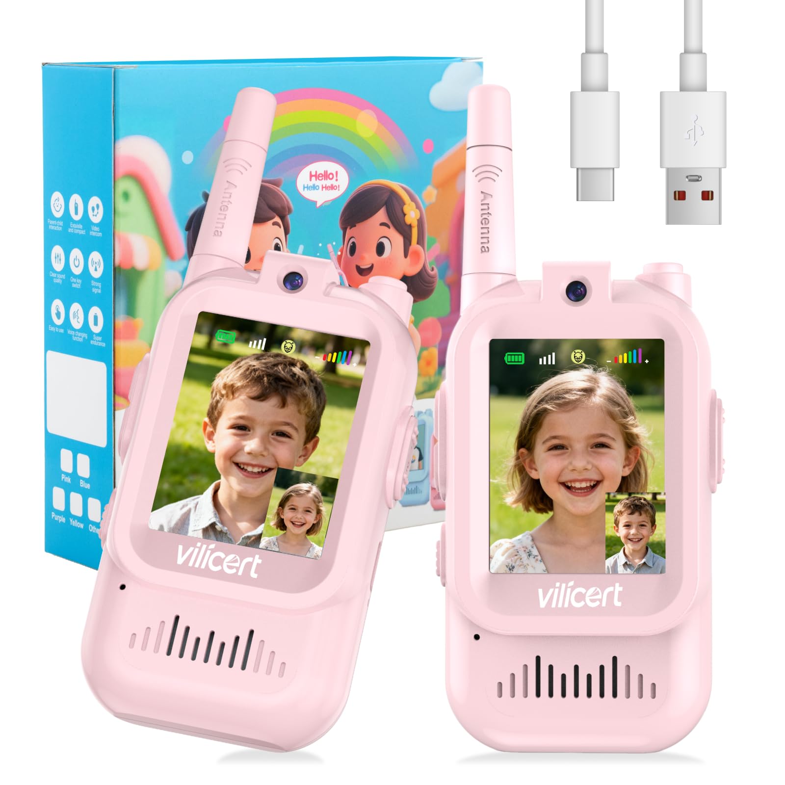 Kids Video Walkie Talkies for Age 3-12，Rechargeable Radios with Screen, Voice Changer, Long Range - Christmas Birthday Gifts for Girls
