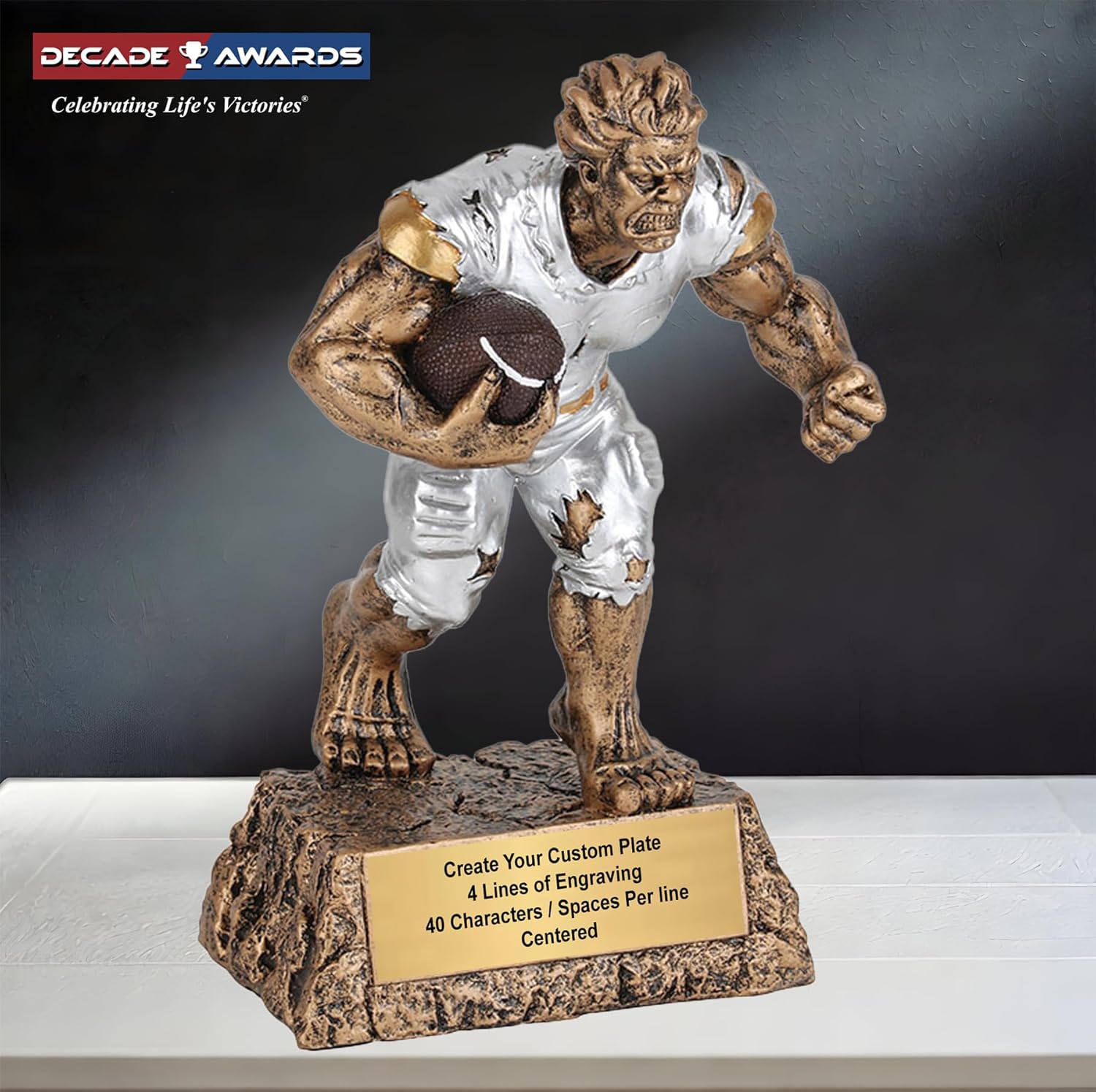 Decade Awards Monster Football Trophy - 6.75 or 9 Inch Tall - Engraved Triumphant Gridiron Beast Award - Celebrate Fantasy Football Domination - Customize Now