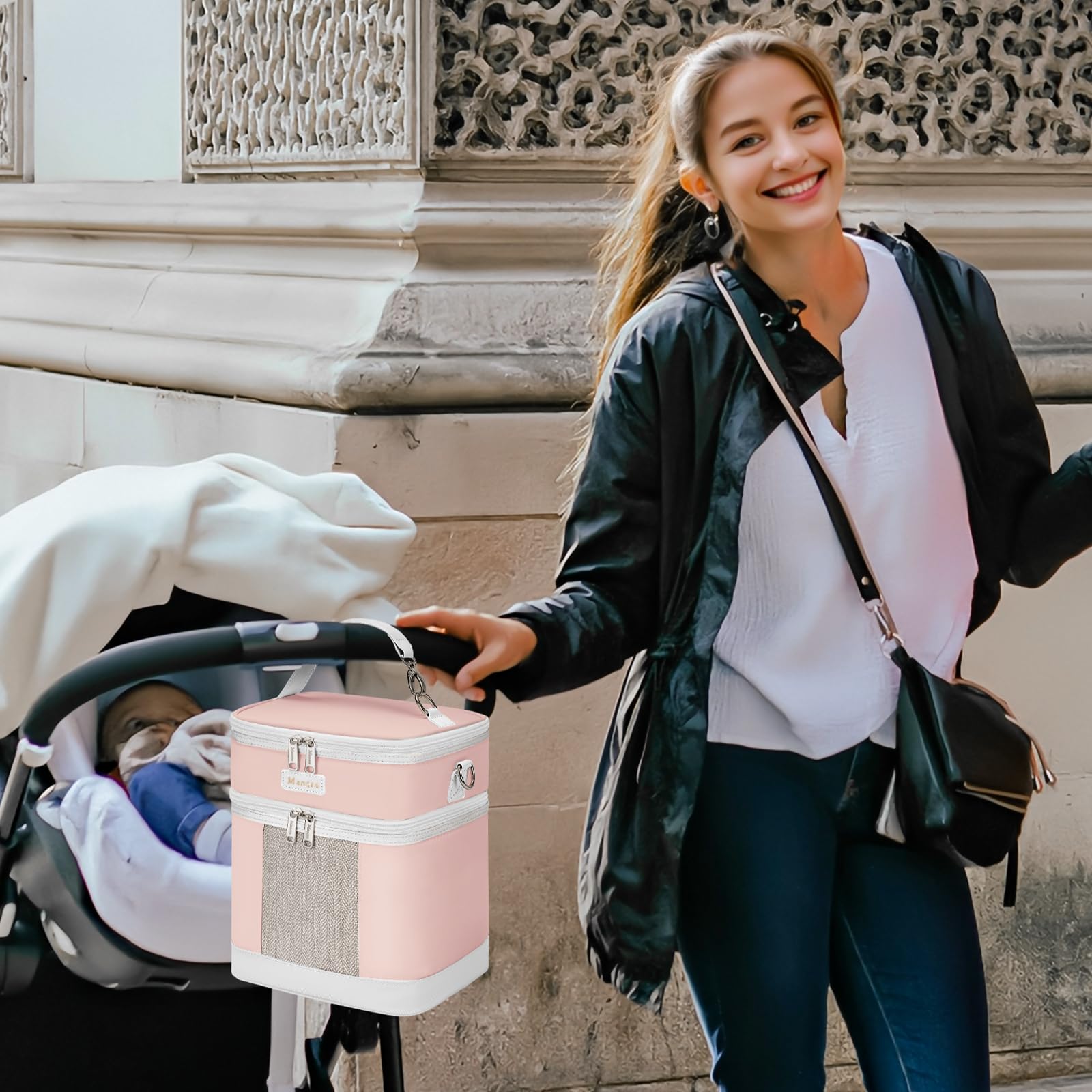 Mancro Muttermilch-Kühltasche mit Eisbeutel, doppellagig, für 6 Flaschen bis zu 266 ml, isolierte Flaschentaschen für Kindertagesstätte und Reisen, Rosa