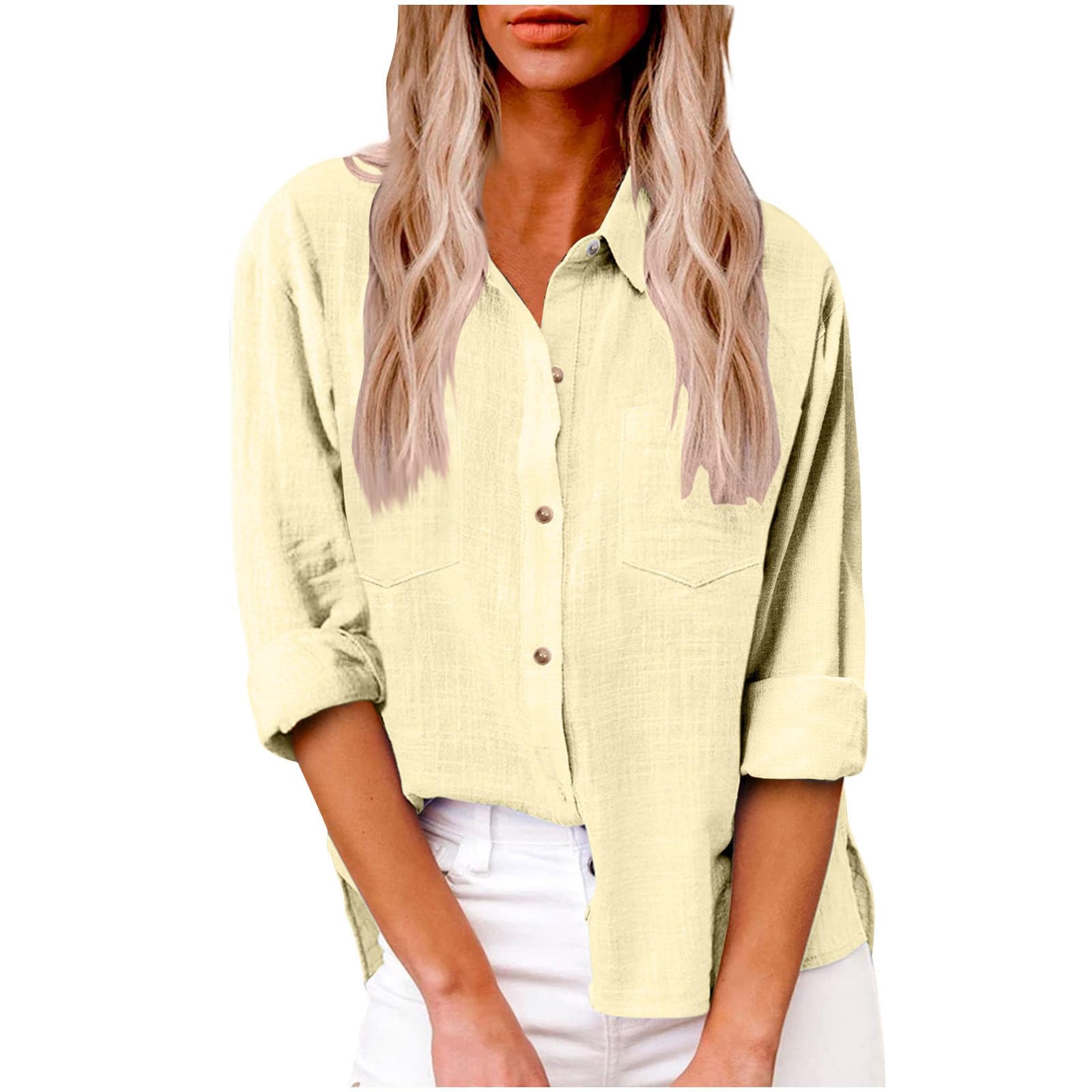 AMhomely Long Sleeve Blouses For Women Uk Clearance Ladies Oversized Shirts Summer Cotton Linen Tunic Tops Solid Loose Pullover Tops Button Down Casual Tees Shirts Elegant Party Dressy Tops Yellow 4XL