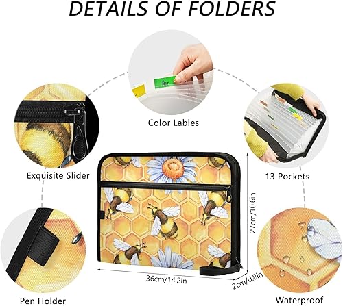 Miniatura 3 de Carpeta de archivos expansible de flores de abeja amarilla, organizador de documentos con 13 bolsillos, organizador de archivos de acordeón con
