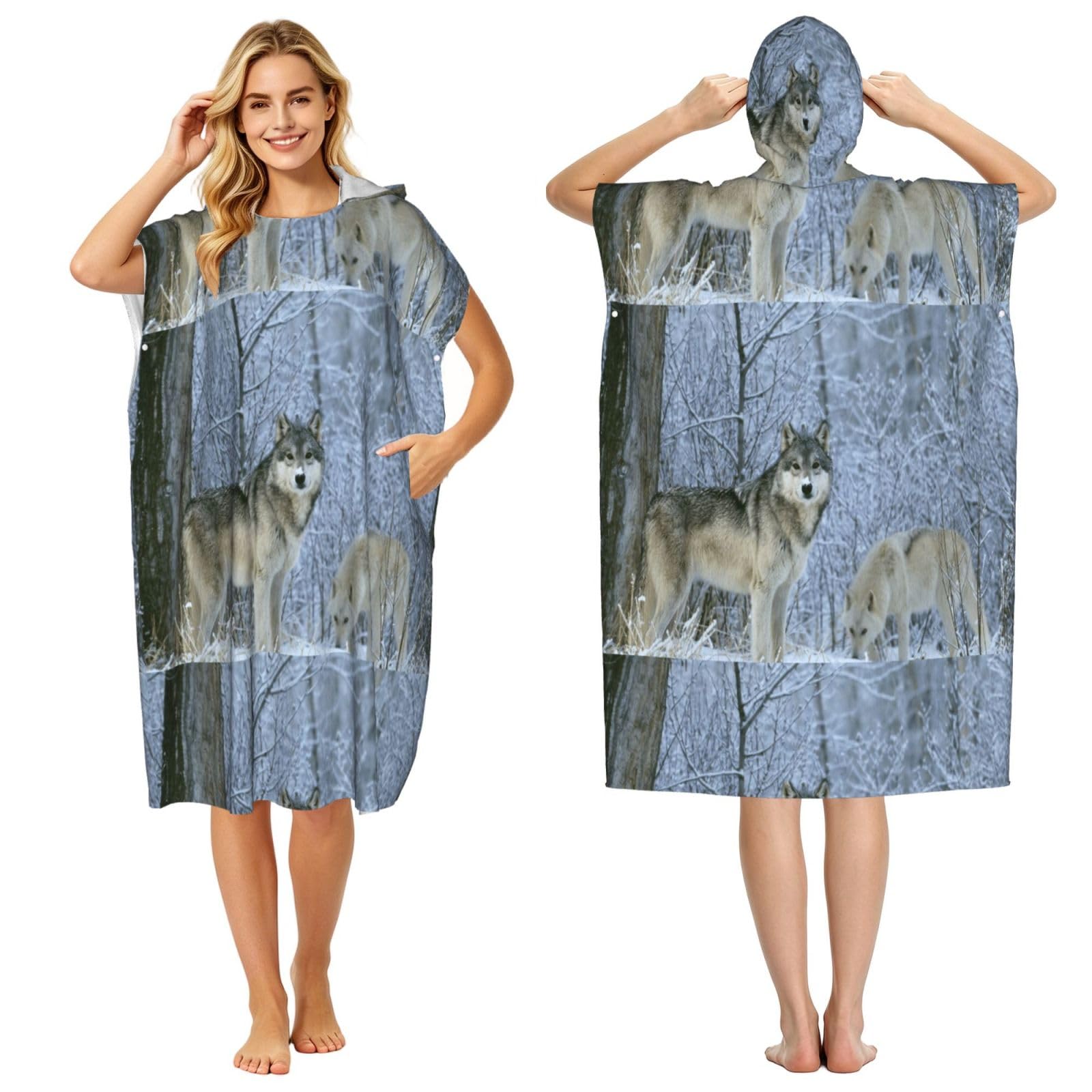 Poadnly Wild Animals Wolf Printed, Adult Hooded Beach Towel 90 x 110 cm,Changing Bath Robe, Surf Poncho Towel For Women Men