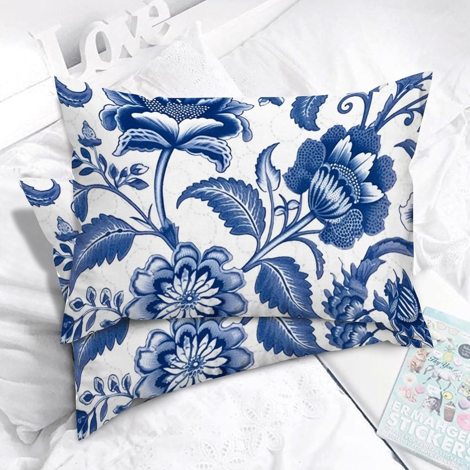 Blue and Ivory Indigo Floral Throw Pillow Cover Set of 2 Asian Chinoiserie Rectangular Cushion Cover 20x30in Decorative Pillow Home Cotton Linen Chic Pillow Cover for Sofa Couch Patio Car