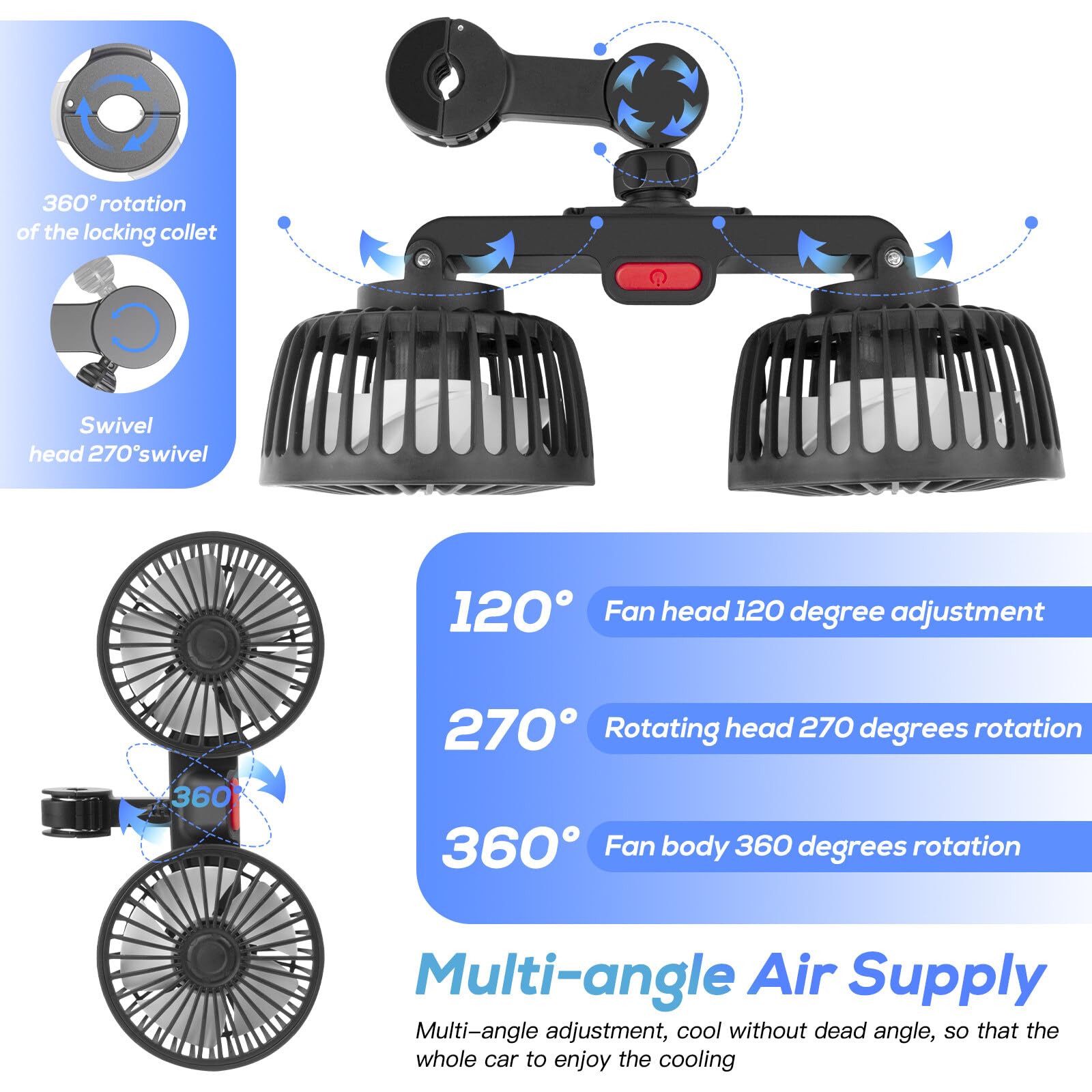 Ventilateur de voiture, 5 V 2 A, double tête, 3 vitesses, réglable, pour siège arrière, rotation à 360 °, USB