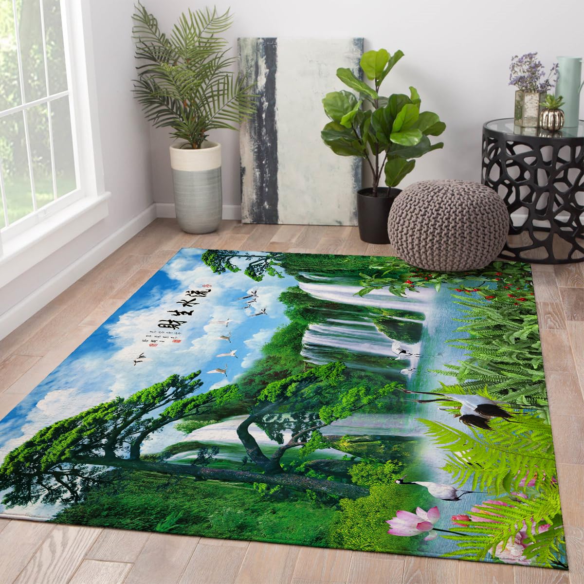 Tapis de salon oriental 180x240 cm lavable à motif de cascade et grues