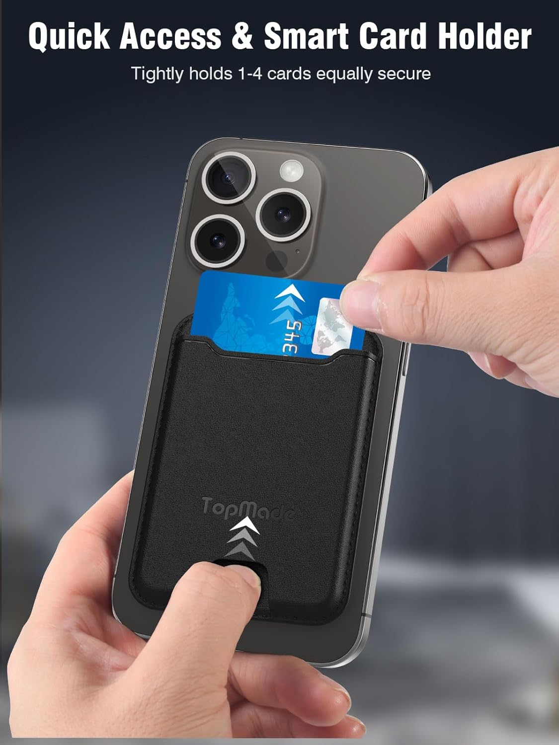 Hand demonstrating how to quickly access a card from the TopMade MF33 Magnetic Wallet using the thumb slot.