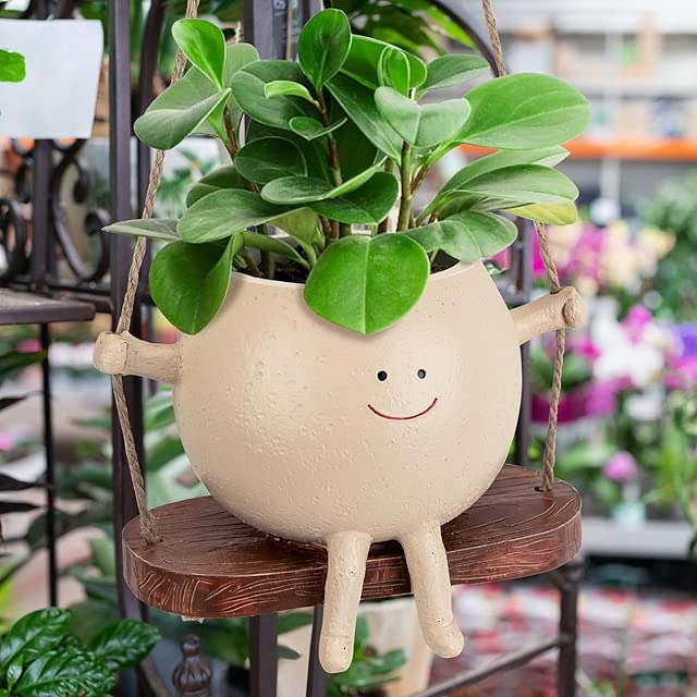 Swing Face Planter Pot Hanging Planters for Indoor Outdoor Wall Plants with Drainage Cute Resin Flower Head Plant Pots for Succulent Cactus, Gifts for Mother Christmas (1 Pack)
