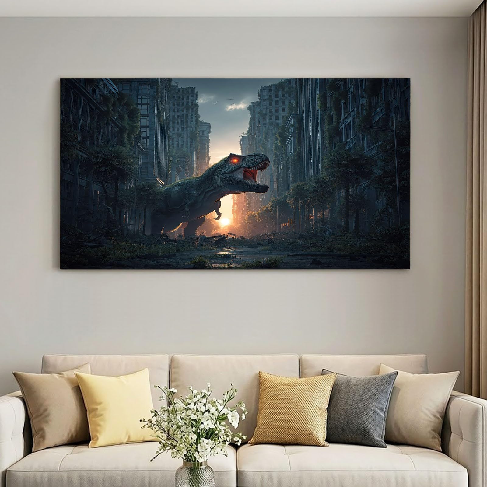 Leinwand Bilder 120 x 80 cm Wanddeko Wohnzimmer - 3D Fantasie Tiere Room Decor Deko Zimmer Wandbilder, Bild auf Leinwand Dinosaurier Film Stadt Hochhäuser, Schwarz