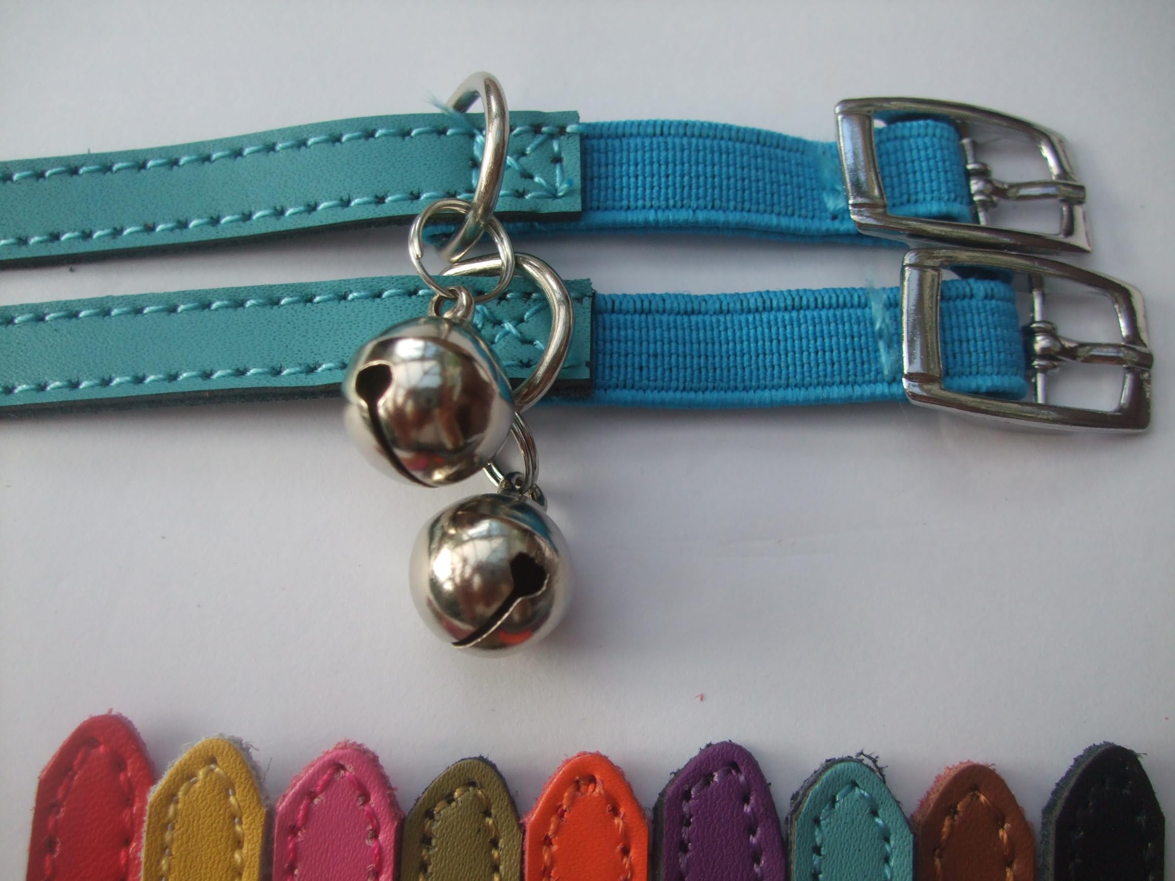 Cat Collar 2 pack set Real Leather Elasicated Safety Elastic bell, Pair Choose colours (Blue and Blue) - Image 2