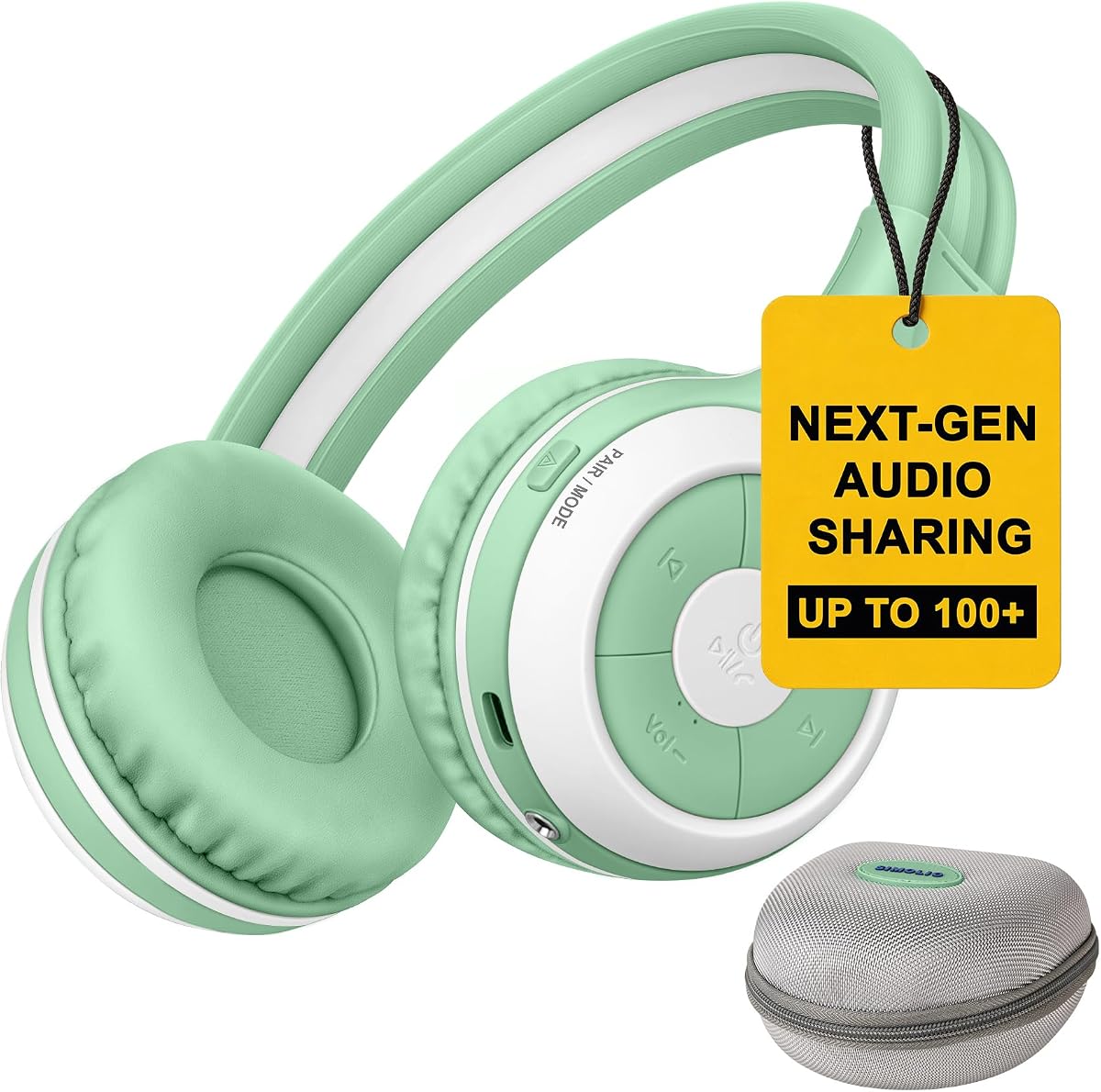SIMOLIO Manyshare Kids Bluetooth Headphones w/Case & Mic for School, Green | Share Audio with 100+ SIMOLIO Auracast-enabled Headphones for Group Listening. Ideal for Kids, School, Travel and Tablets