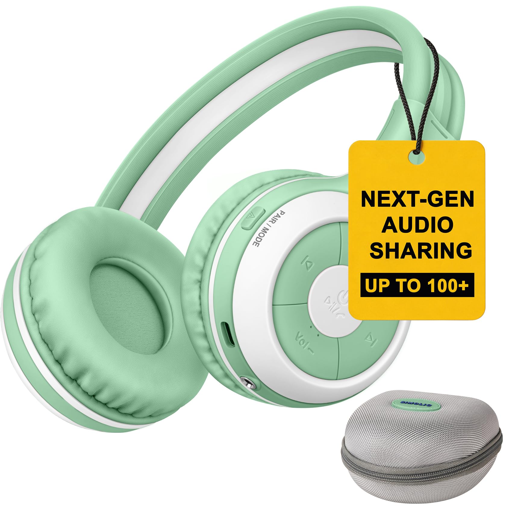 SIMOLIO Manyshare Kids Bluetooth Headphones w/Case &amp; Mic for School, Green
