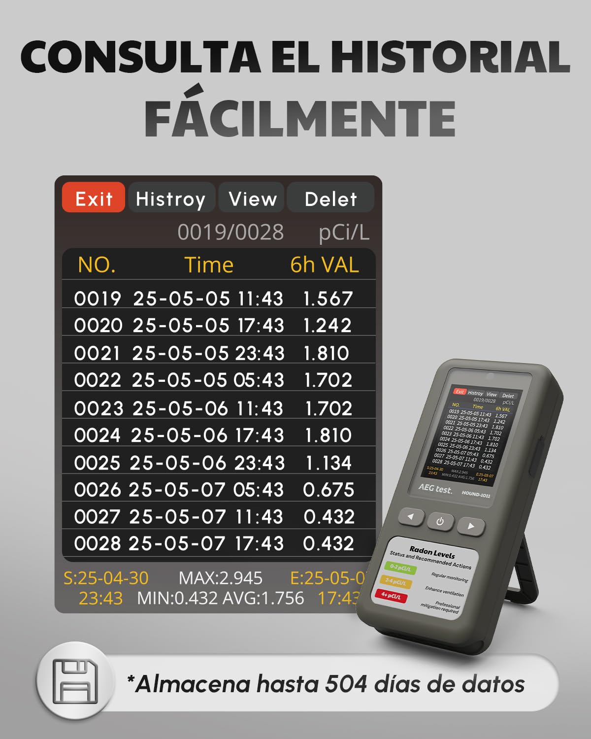 HOUND-1011 Detector de radón portátil para hogar, Ligero, Sensor de Alta precisión, 45 días, fácil de Usar, para mediciones a Corto y Largo Plazo en pCi/L o Bq/m³, para sótano – Gris