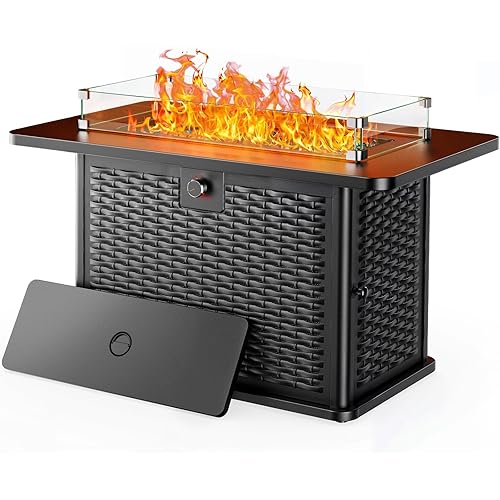 Ciays 43-Inch Rectangular Propane Fire Pit with 60,000 BTU Output, Fire Pit Table Premium Gas for Outside Patio with 304 Stainless Steel H-Burner, Glass Stones, and Wind Guard,Black