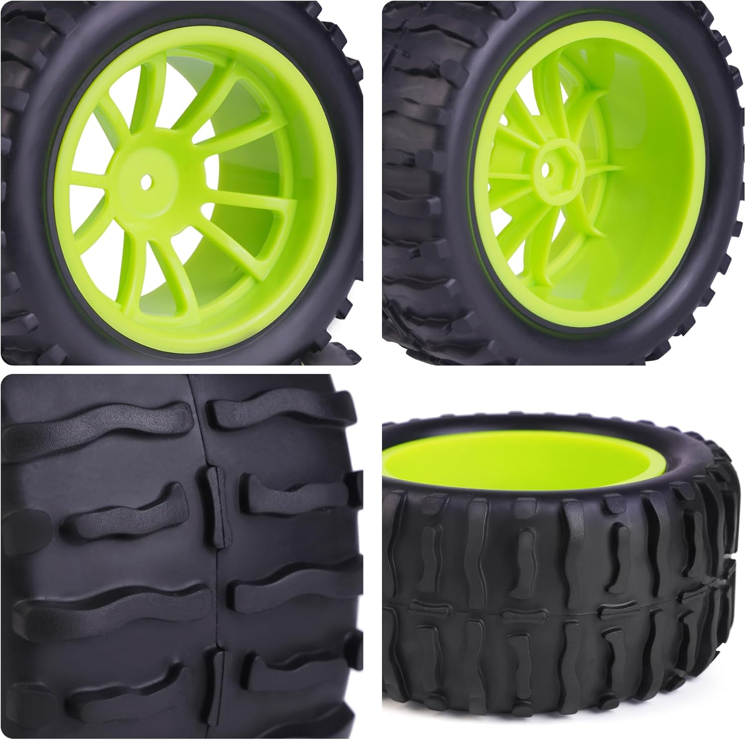Hosim 55 * 115 mm RC Tires, All Terrain Soft Tire Mounted on 12mm Hex Wheels (Set of 4) for 1/10 RC Cars (Green Wheel hub)