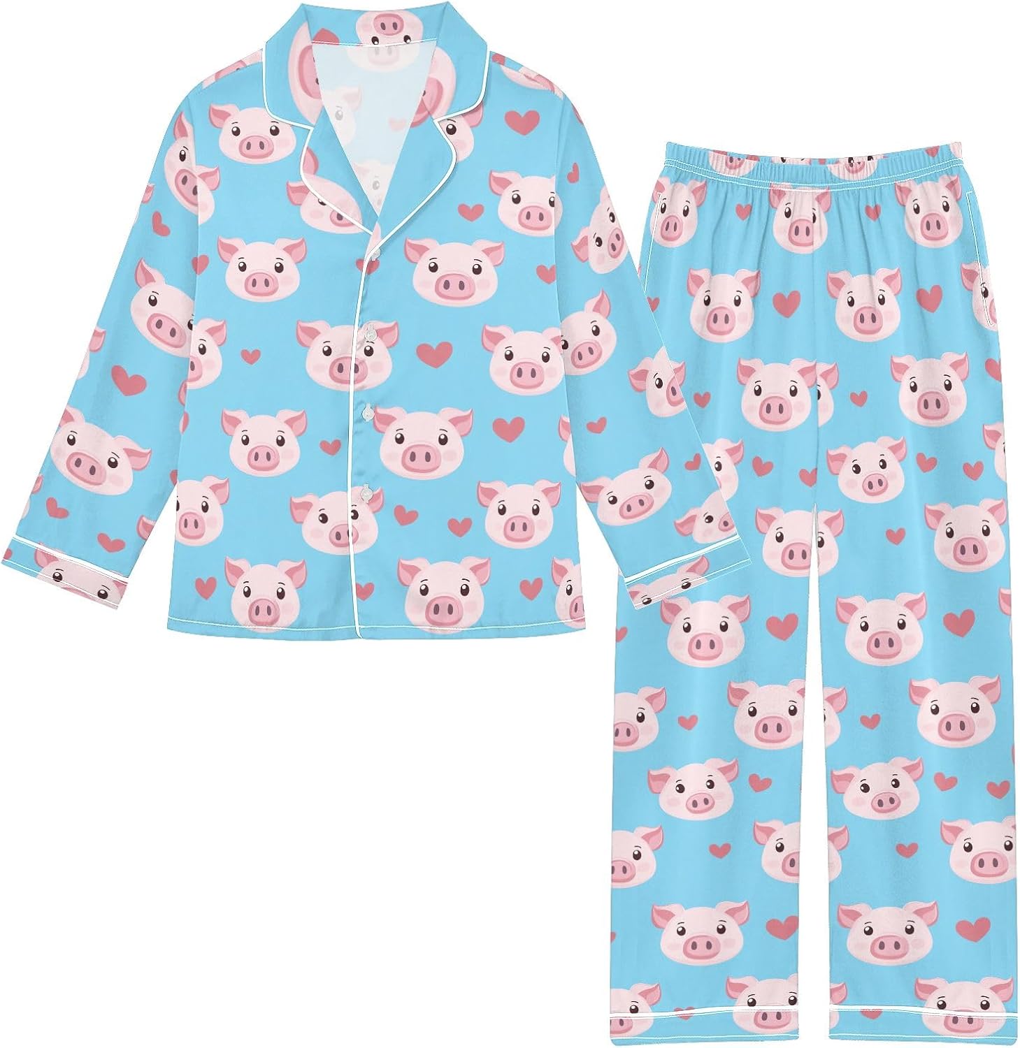 Cute Pig with Hearts Satin Pajama Set, Cute Button-Down Sleepwear Pj Set for 5-14Y