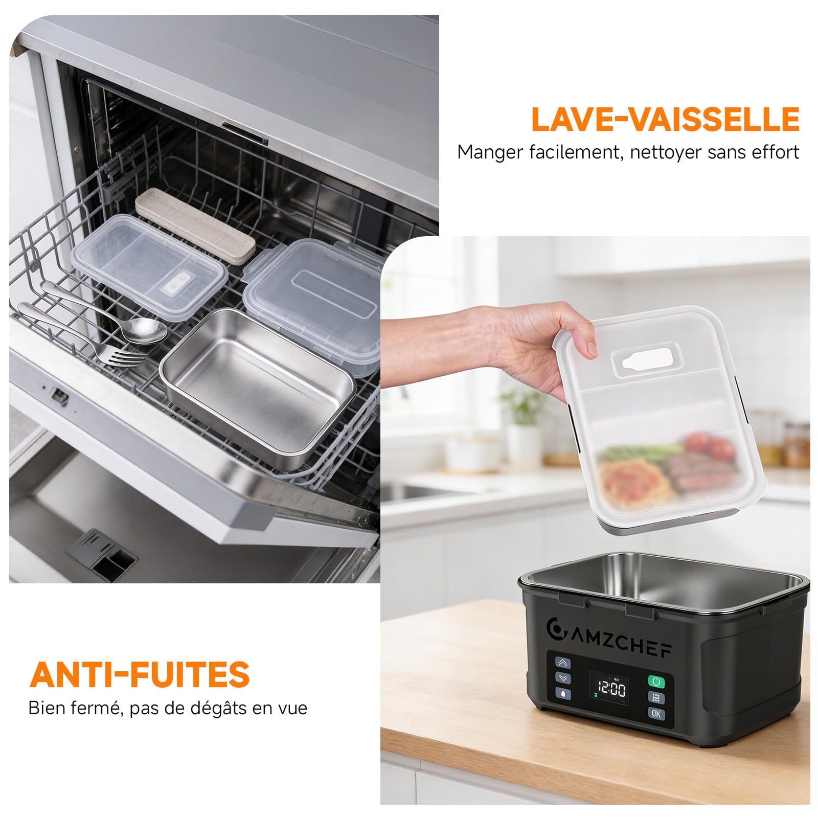 AMZCHEF Gamelle chauffante 1,5 L - lunch box chauffante Électrique 27000mAh, chauffage sur 5 faces, fonction de réchauffage instantané, avec horloge et mémoire, recharge rapide en 3,5 heures(noir)