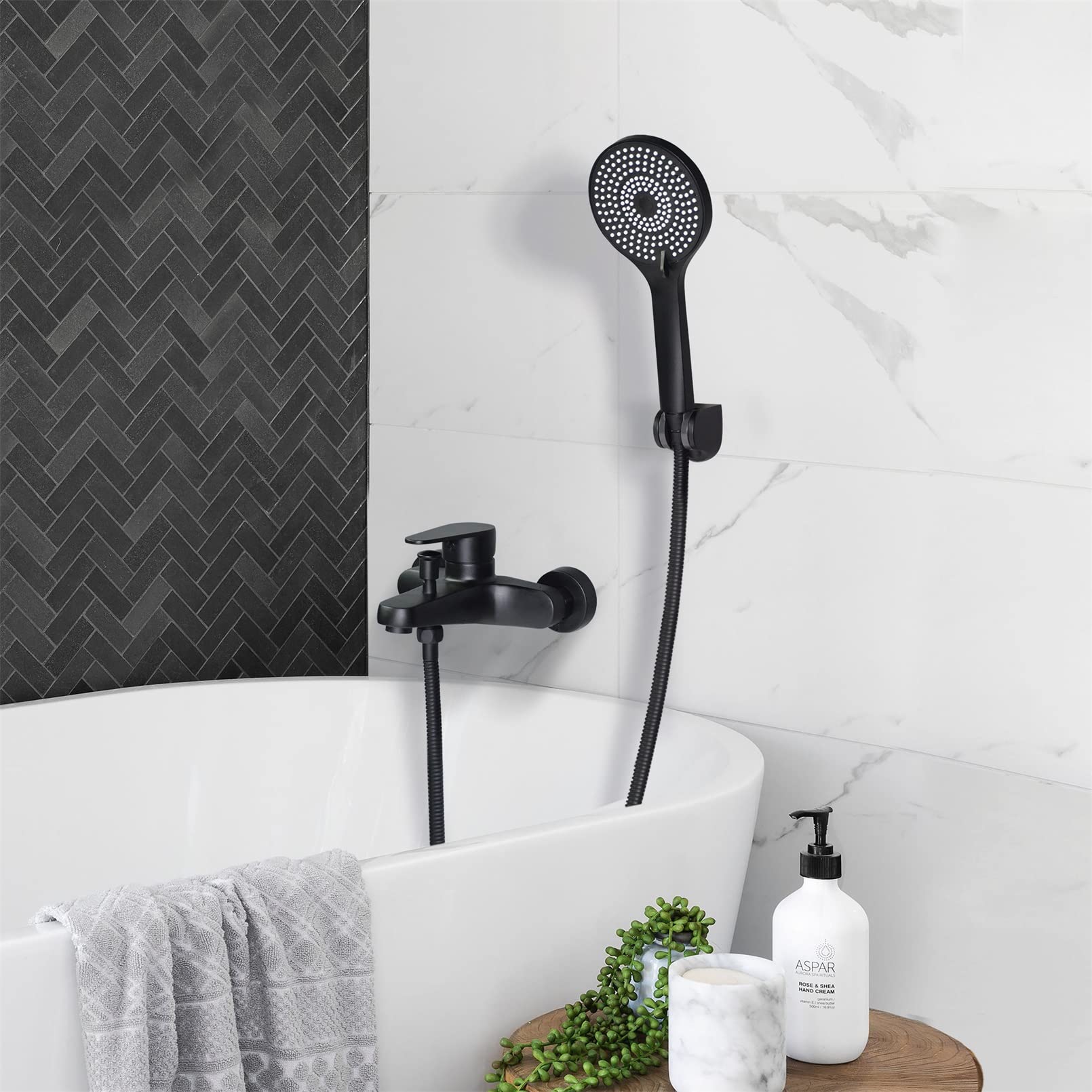 Grifo de Bañera, Grifo de Ducha con Alcachofa, Monomando Mezclador Ducha Montado en La Pared, Negro, N-2Y3OK