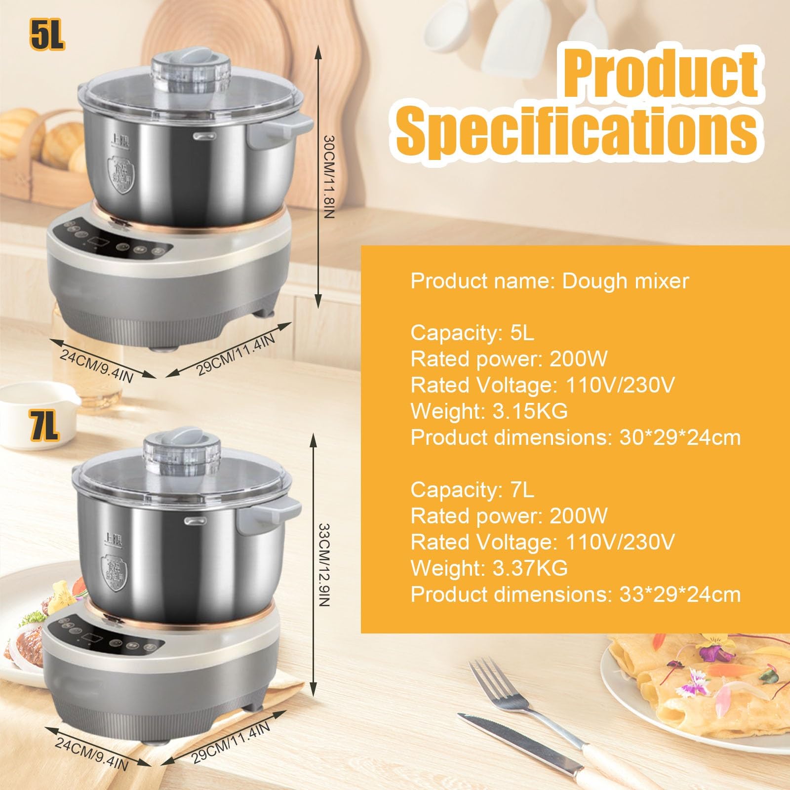 Impastatrice a Spirale, Mixer Elettrico per Impasto 5L/7L Macchina per Impastare Pane, Pizza E Dolci, Impastatrice Facile Pulizia(7L)