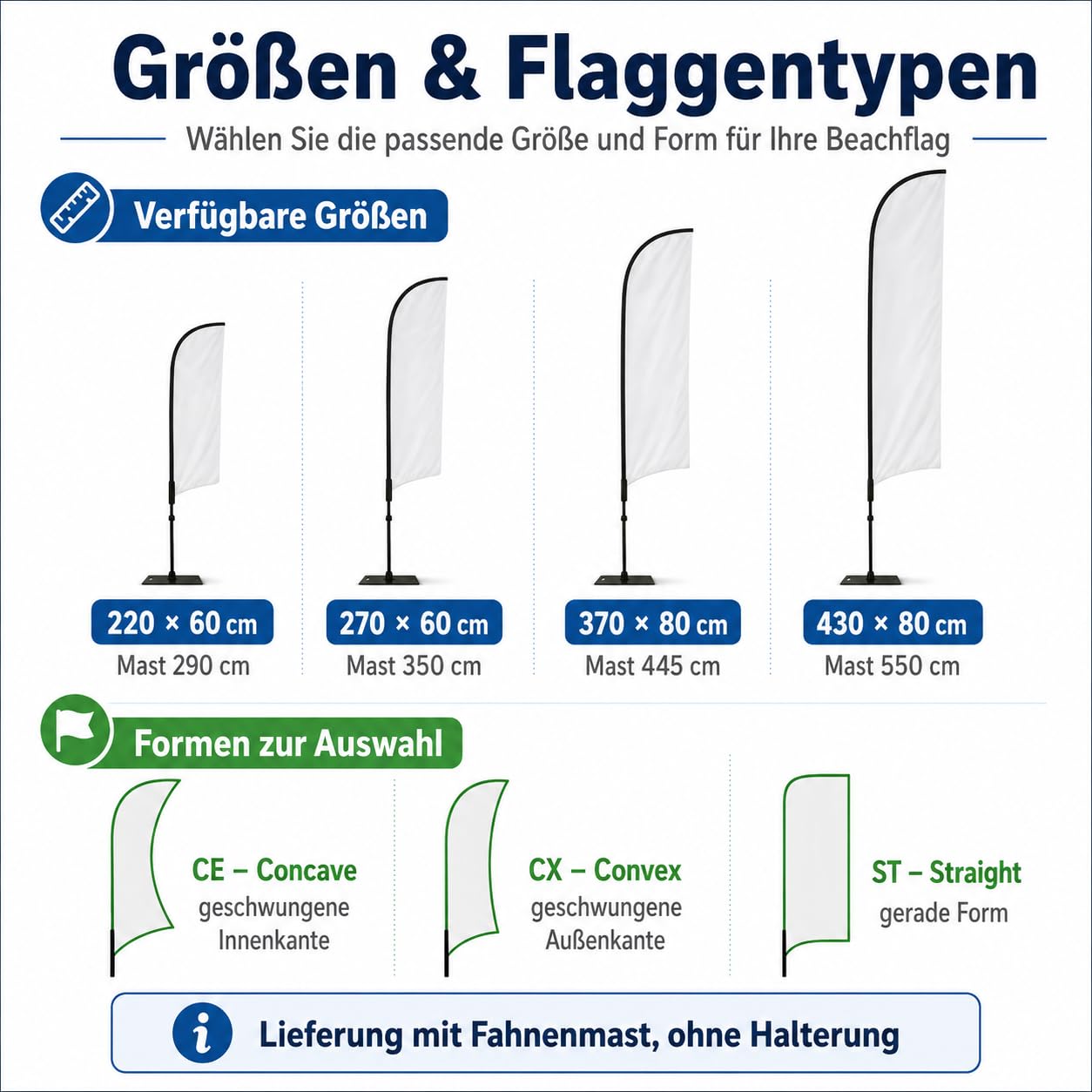 Beachflag selbst gestalten - Fahne mit eigenem Logo 220x60cm/ST mit Mast | Werbefahne mit Foto, Text; Beachbanner, custom Flag; ohne Halterung, mit Fahnenmast 290cm