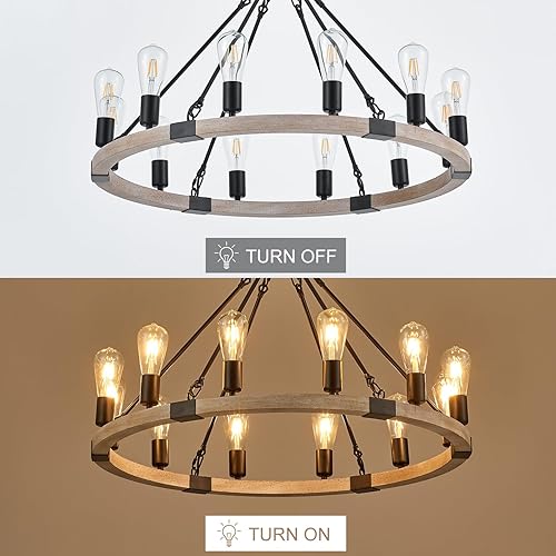 Miniatura 5 de Candelabro de madera de 12 luces con ruedas de carro, casa de campo, 31.5 pulgadas, color negro y crema, lámpara colgante para sala de estar,