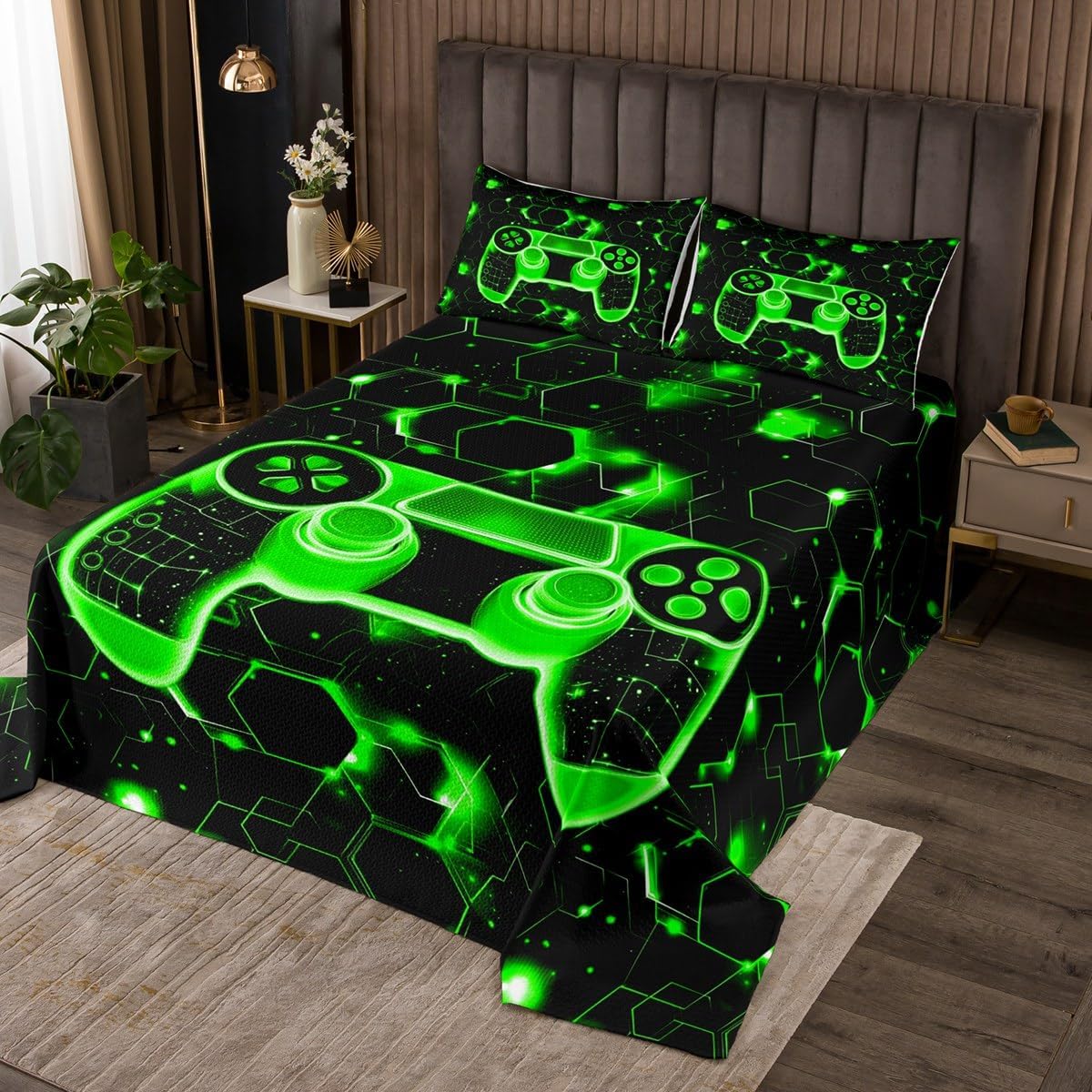 Manfei Geometric Gamepad Kids Bedspread Twin Size,Neon Honeycomb Starry Sky Coverlet Set,Boys Girls Room Decor,Videogaming Controller Console Quilted Coverlet,Green Bedding Quilt,1 Pillowcase