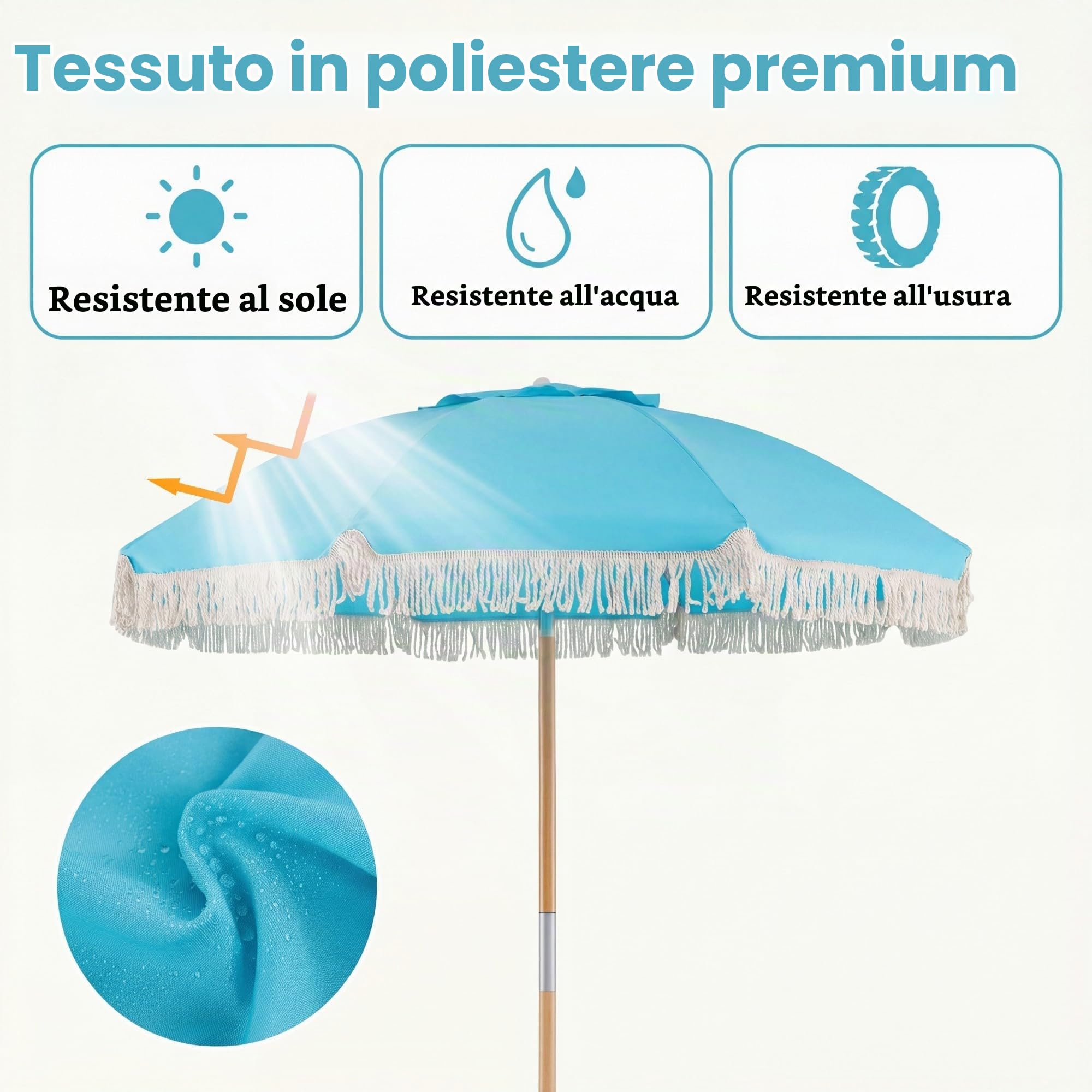 KOMFOTTEU Ombrellone da spiaggia 170 cm, ombrellone rotondo con bastone di legno, ombrellone terrazza esterna inclinabile a 30° con 8 aste e doppio strato ventilato, per giardino, balcone