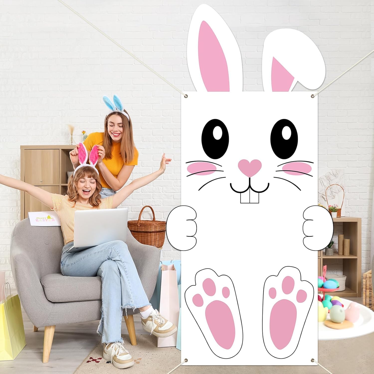 5Pcs Easter Bunny Door Covers Easter Door Decorations Large Fabric Bunny Porch Banner Rabbit Hanging Background Banners for Spring Party School Home Office Indoor Outdoor Front Doors Window Wall Decor