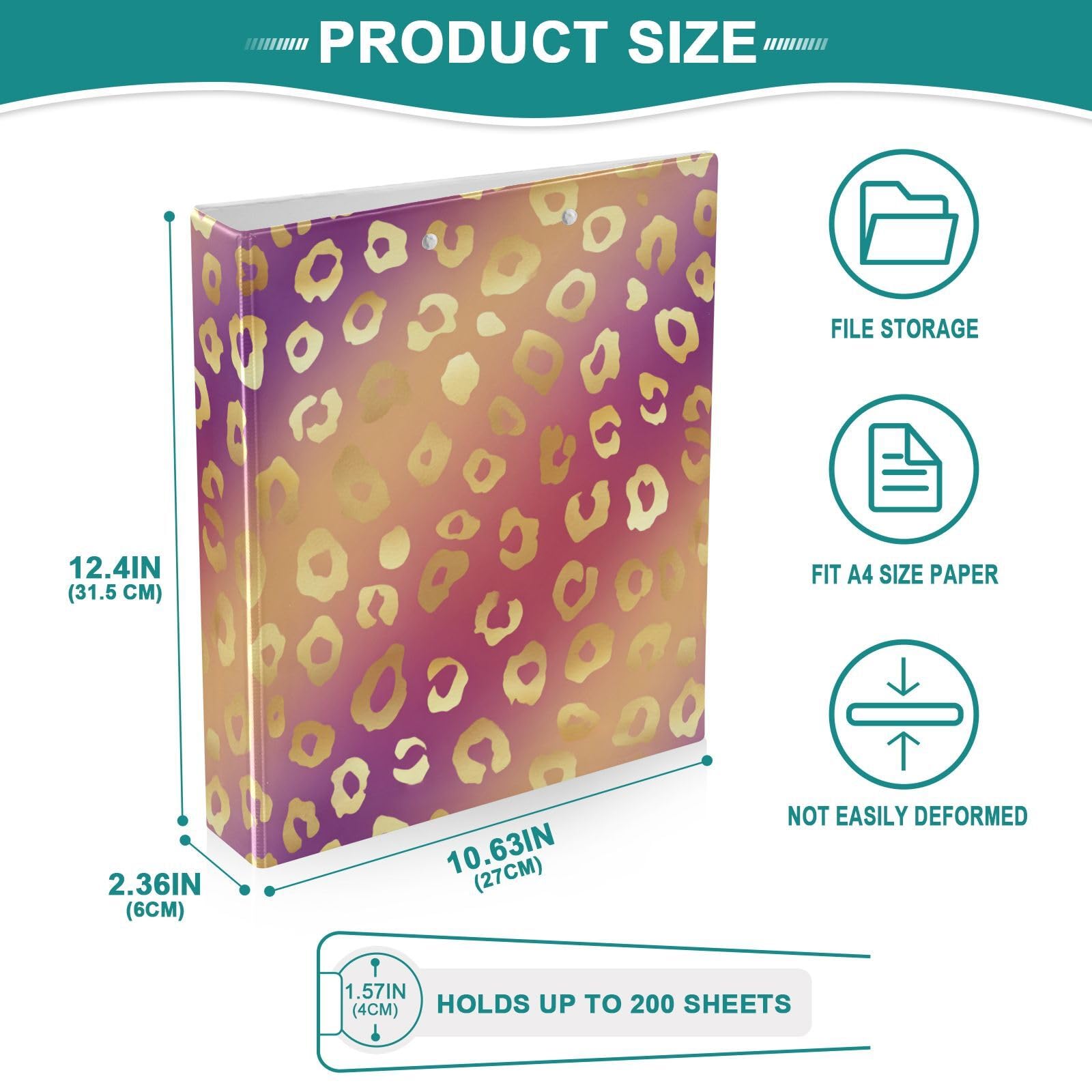 Kcldeci Raccoglitore a 3 anelli con copertina rigida, stampa leopardata arcobaleno, 3,8 cm, 200 fogli per ufficio, casa, rientro a scuola, confezione da 2