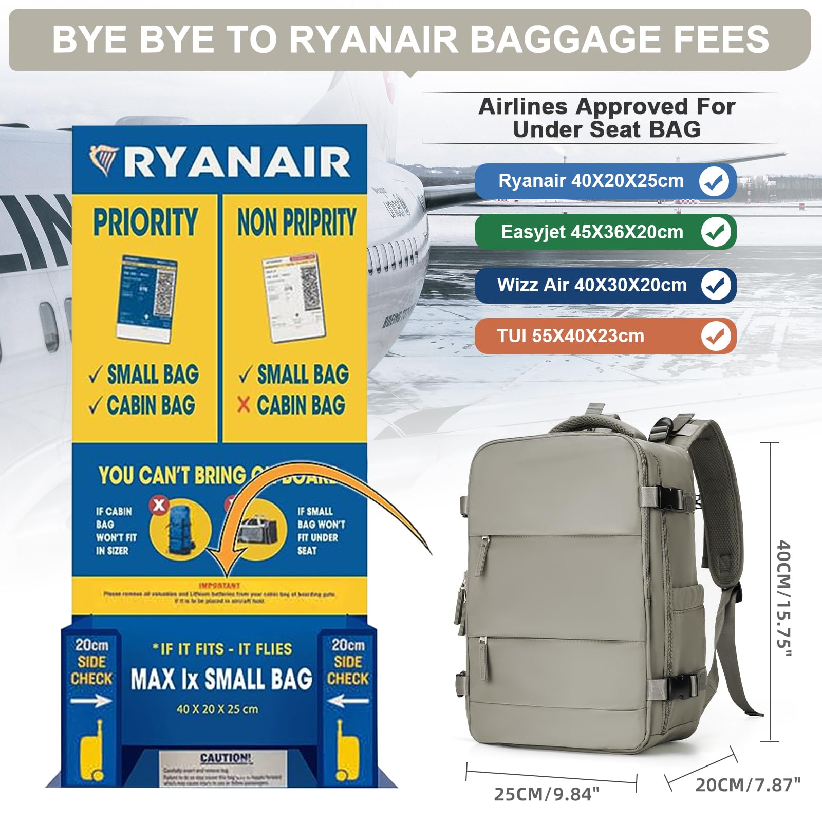 HPLQQ Zaino Bagaglio a Mano Ryanair 40x20x25 Zaino Aereo Borse da Cabina per Easyjet 45x36x20 Zaino da Viaggio donna, Borsa da Viaggio aereo Impermeabile Zaino Casual Porta PC