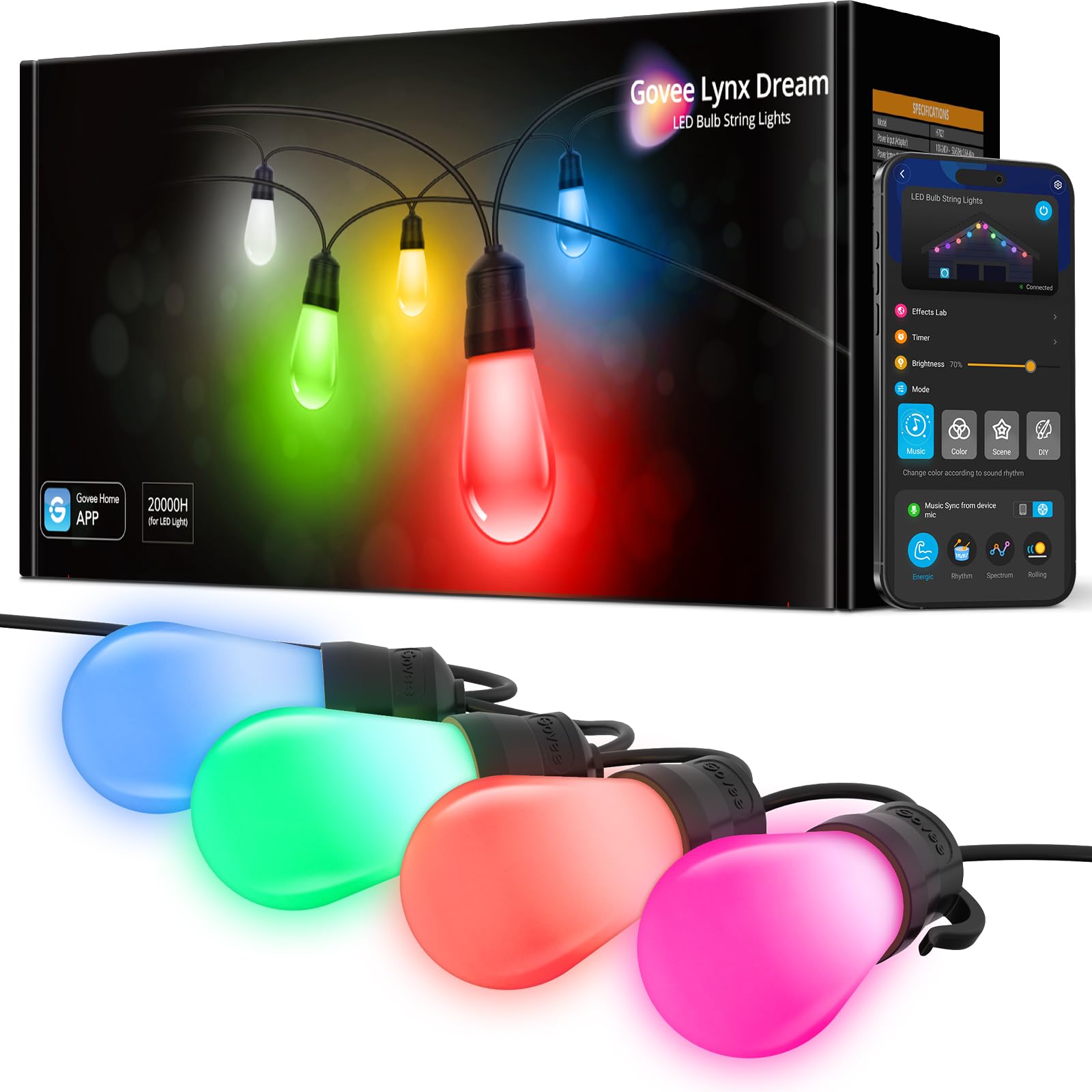 Govee Smart Outdoor String Lights H7016, 96ft RGBIC Outdoor Lights with 30 Dimmable LED Bulbs, IP65 Waterproof, Color Changing Warm White Lights with 47 Scene Modes for Patio, Backyard, App Control