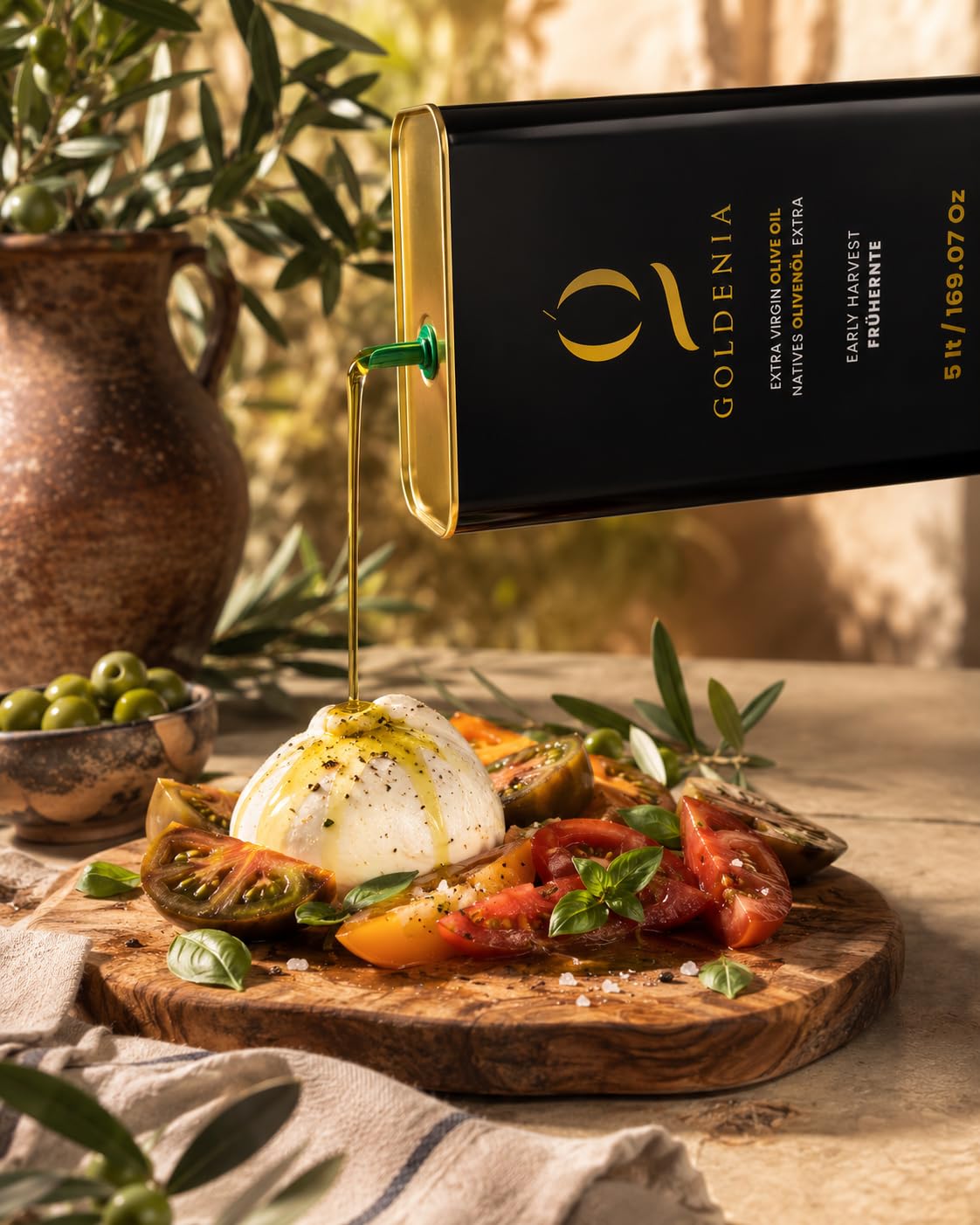 GOLDENIA Premium Natives Olivenöl Extra 5L – Frühernte, Kalt Gepresst, Extra Virgin Olive Oil, Erste Güteklasse, Product of Turkey, Premium Olivenöl im Metallkanister