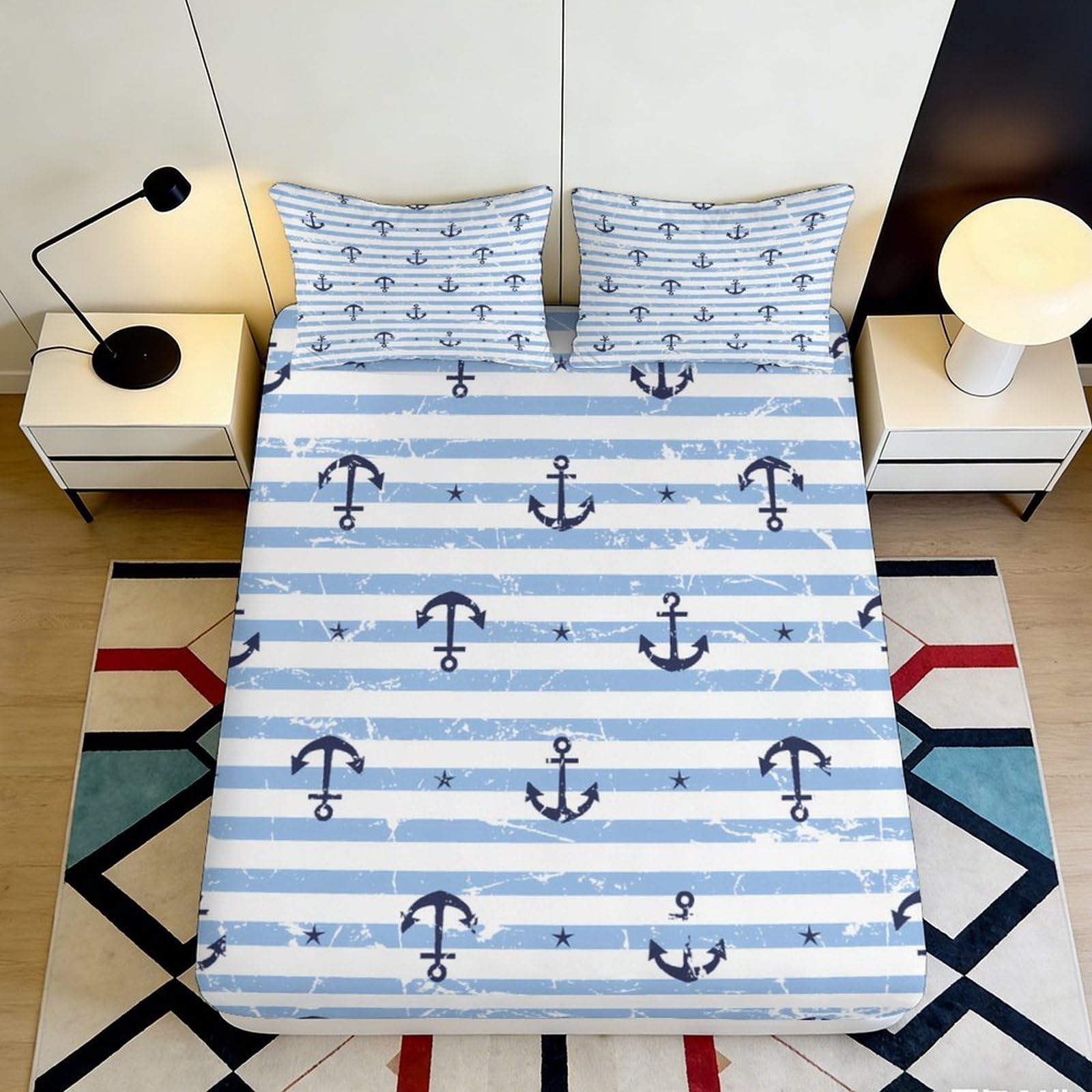 3D Printed Nautical Anchor Stripe Fitted Sheet Microfiber Soft Blue Mattress Cover for Bedroom Dorm Mattress Protection Decor 90x200x25cm