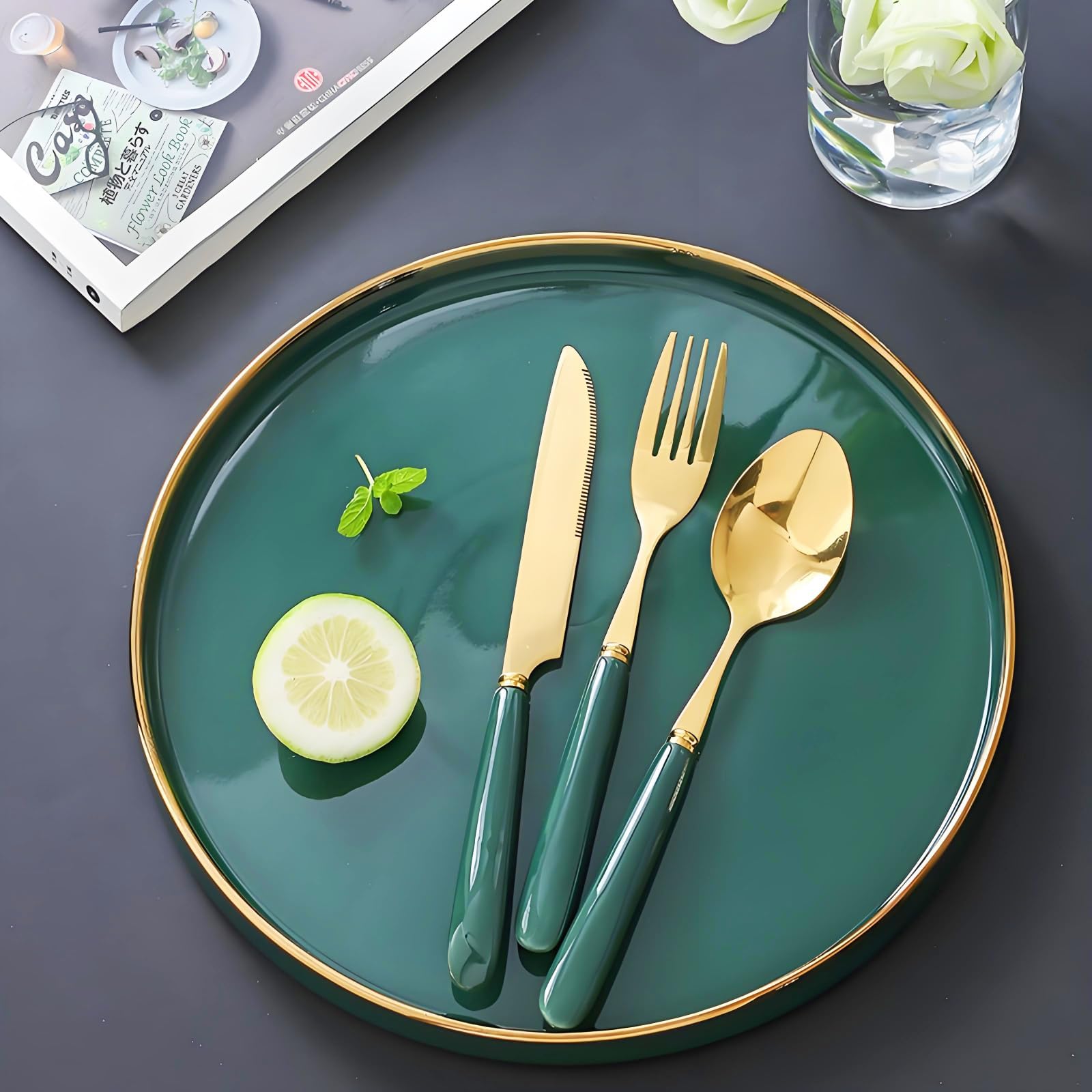 12-Piece Gold Silverware Set,Stainless Steel Flatware Set for 4,Emerald Ceramic Handle Mirror Polished Dishwasher Safe Luxury Cutlery Set for Home Restaurant