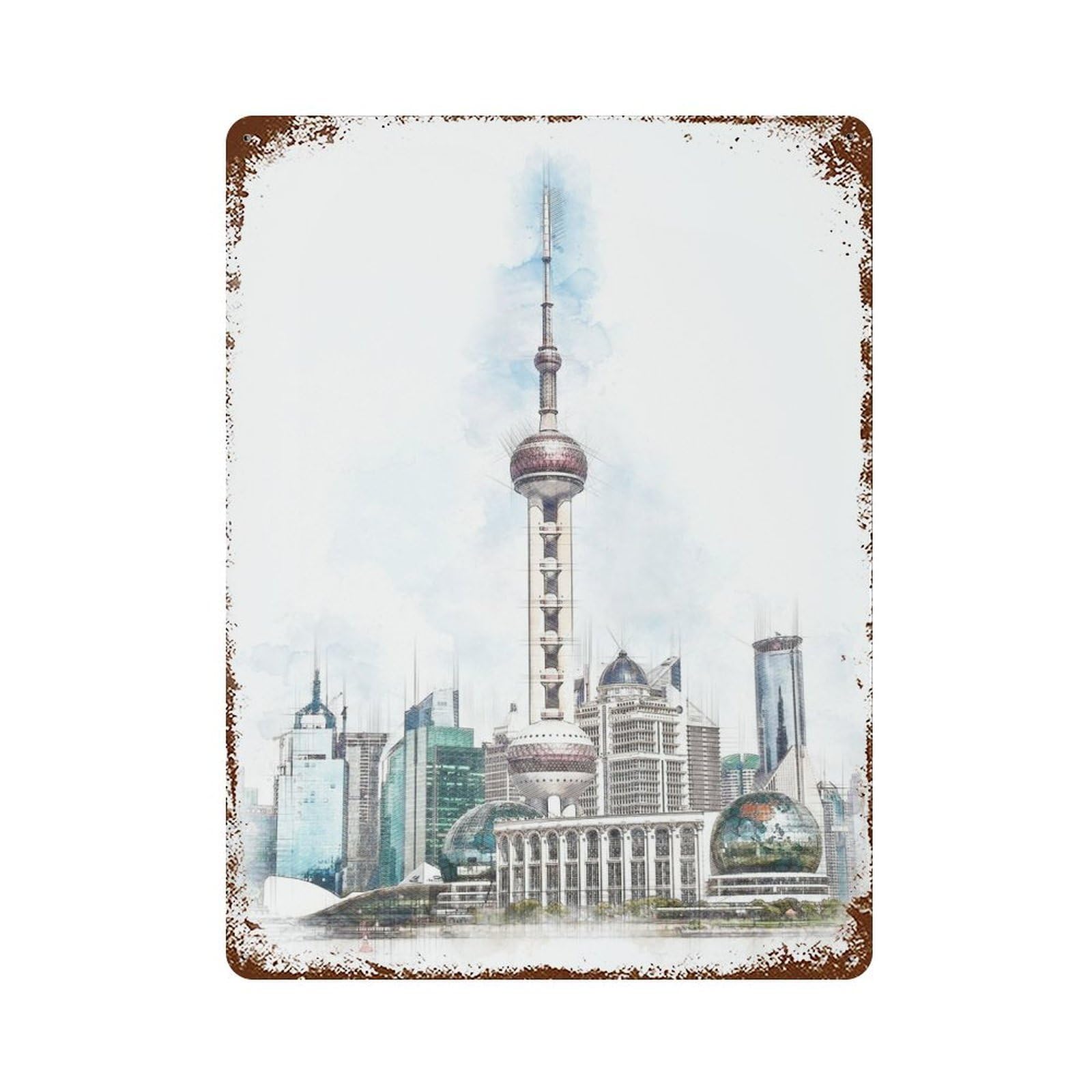 Garage Style Oriental Pearl Tower Shanghai China Weathered Tin Sign 15.7"x11.8", Classic Wall Plaque for Bar And Workshop